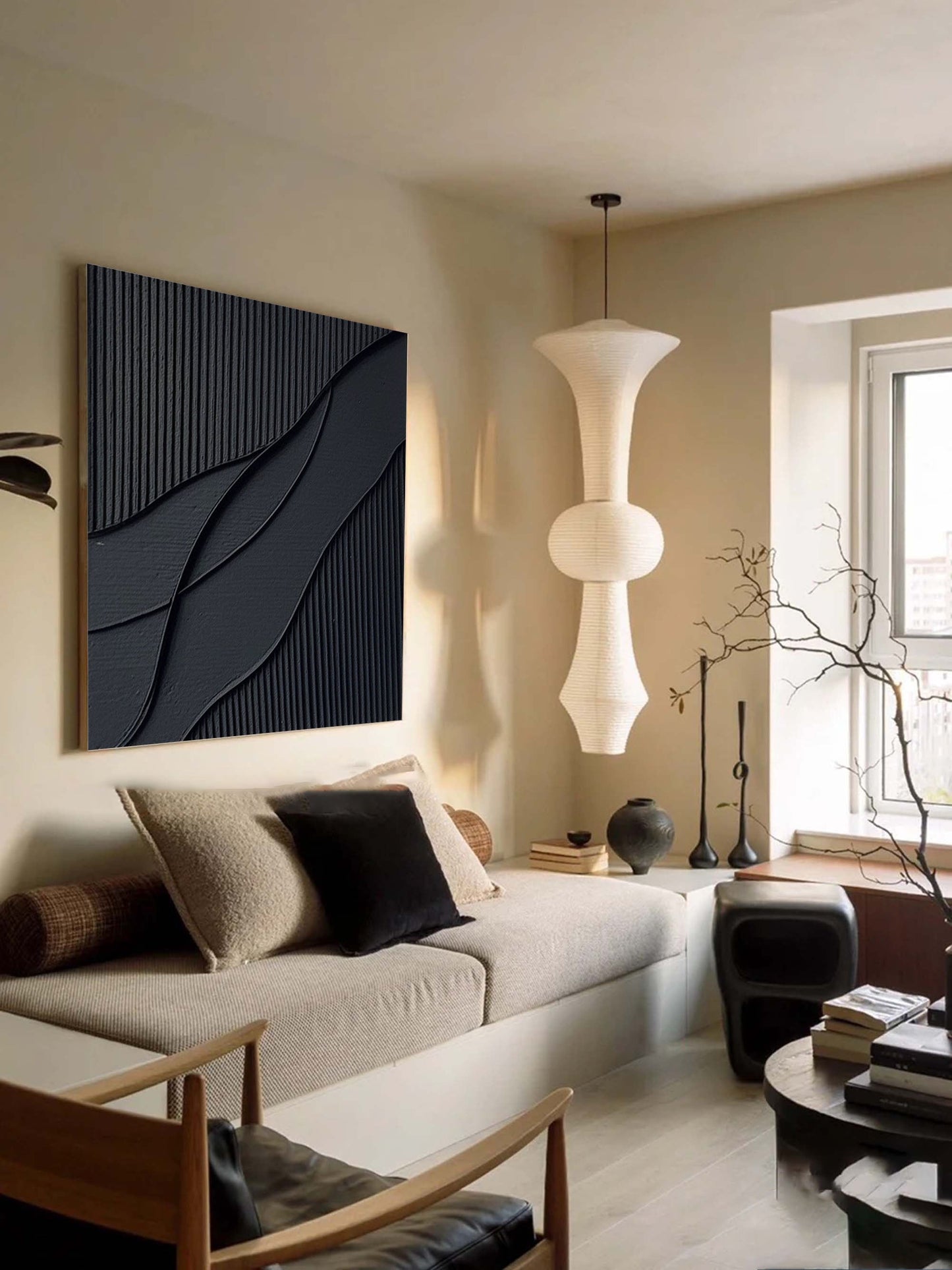 Elegant Black Waves Abstract Oil Painting for Modern Home Decor