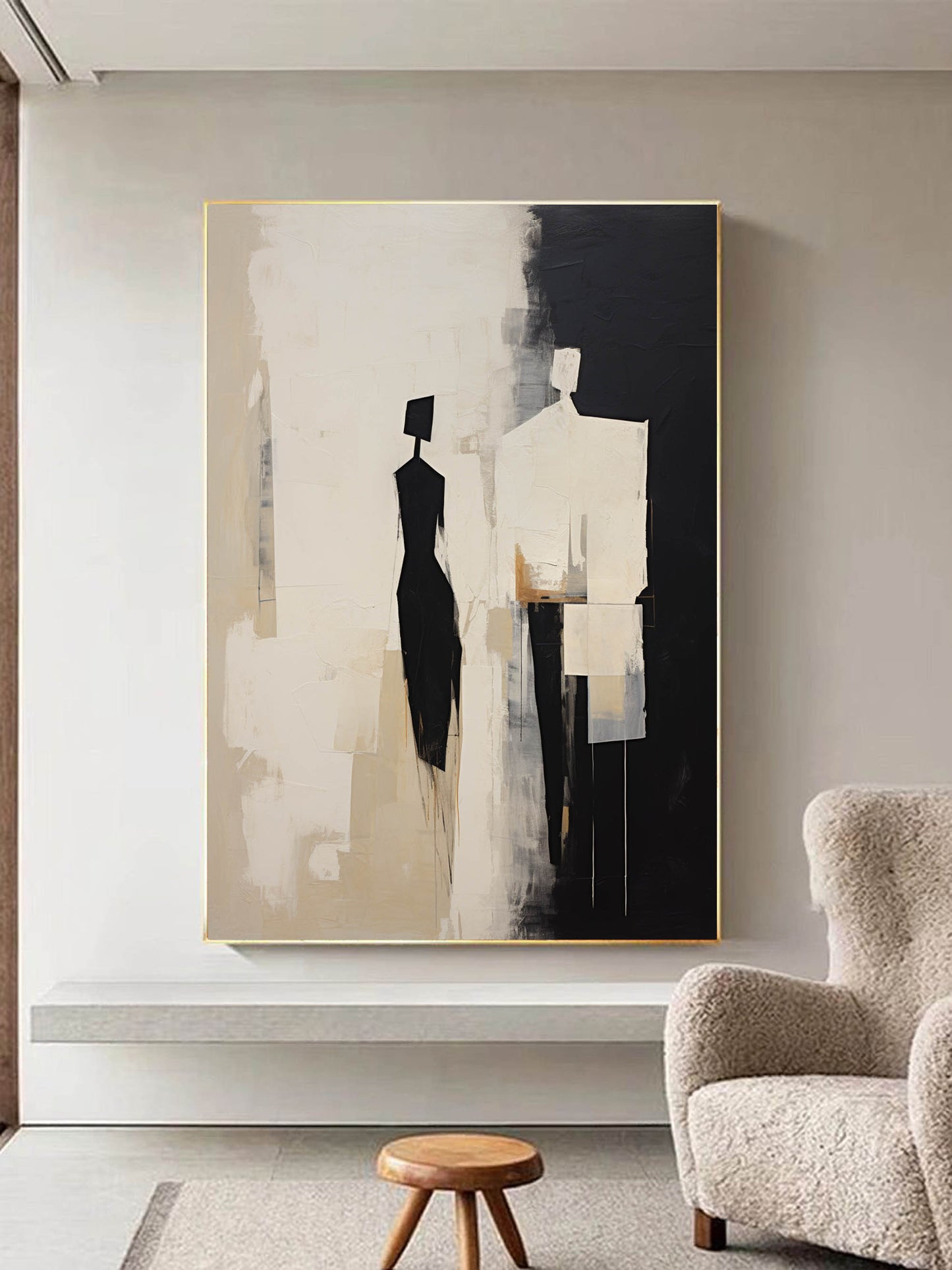 Elegant Black and White Contemporary Minimalist Oil Painting for Modern Decor