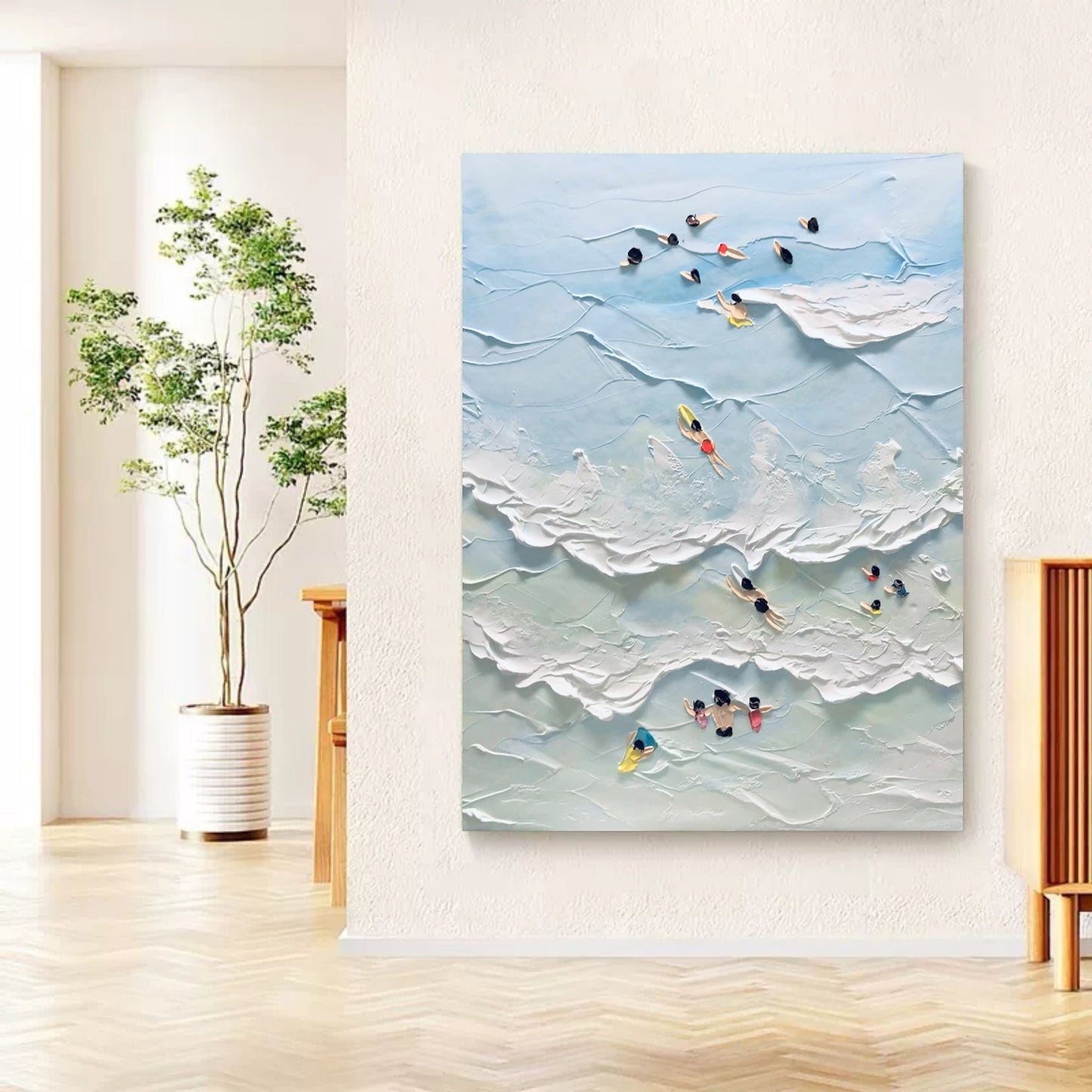 Abstract Coastal Scene with Swimmers - Textured Oil Painting Art
