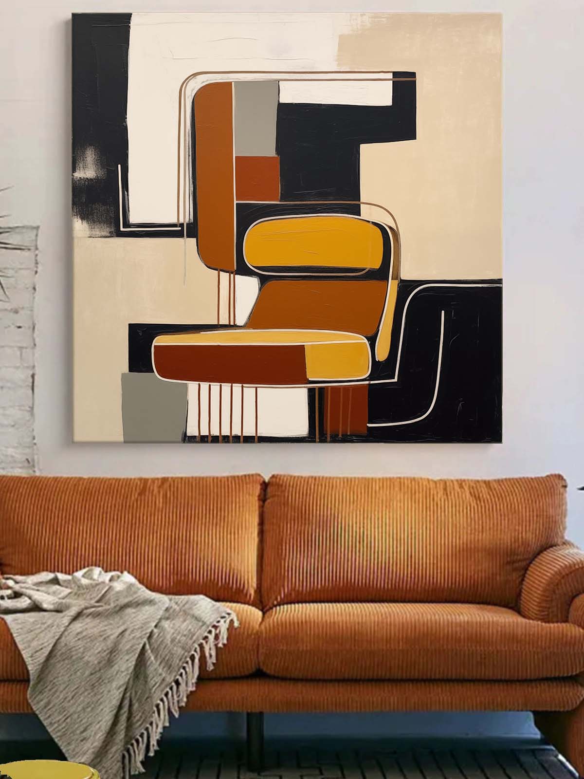 Contemporary Vintage Abstract Oil Painting with Bold Geometric Shapes