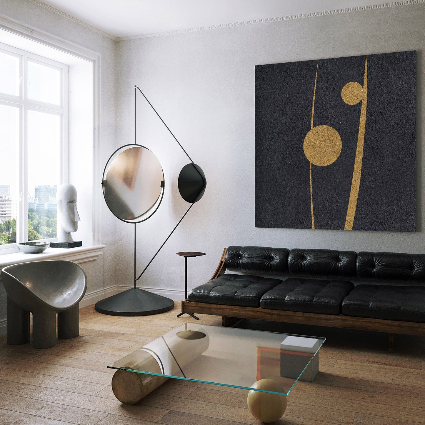 Elegant Black and Gold Abstract Minimalist Oil Painting for Modern Home Decor