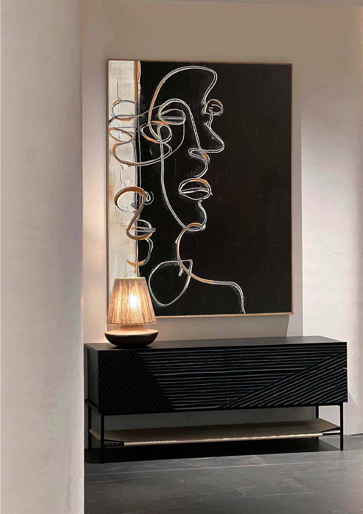 Modern Minimalist Abstract Line Art Portrait Oil Painting for Contemporary Decor