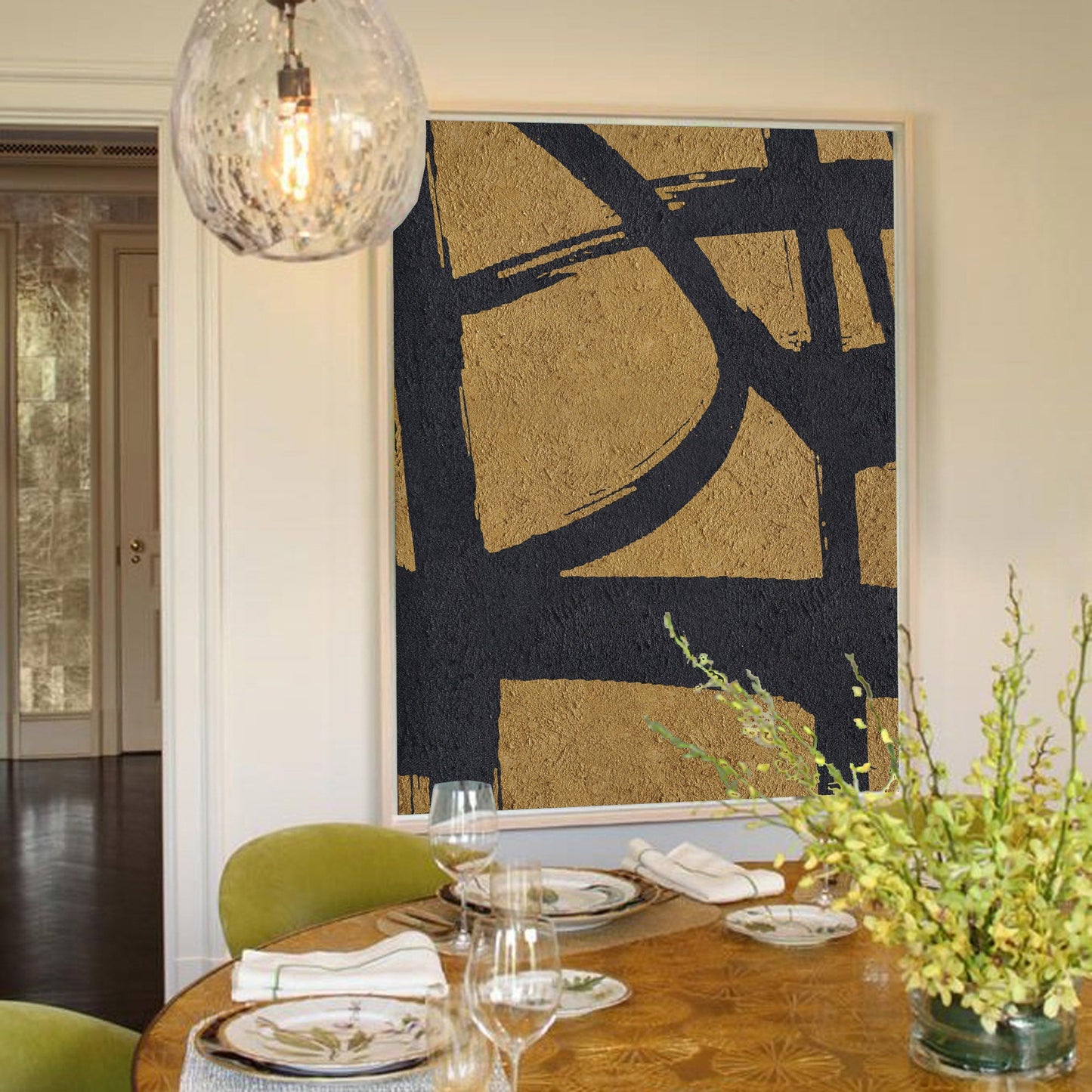 Gold and Black Abstract Minimalist Oil Painting for Modern Home Decor