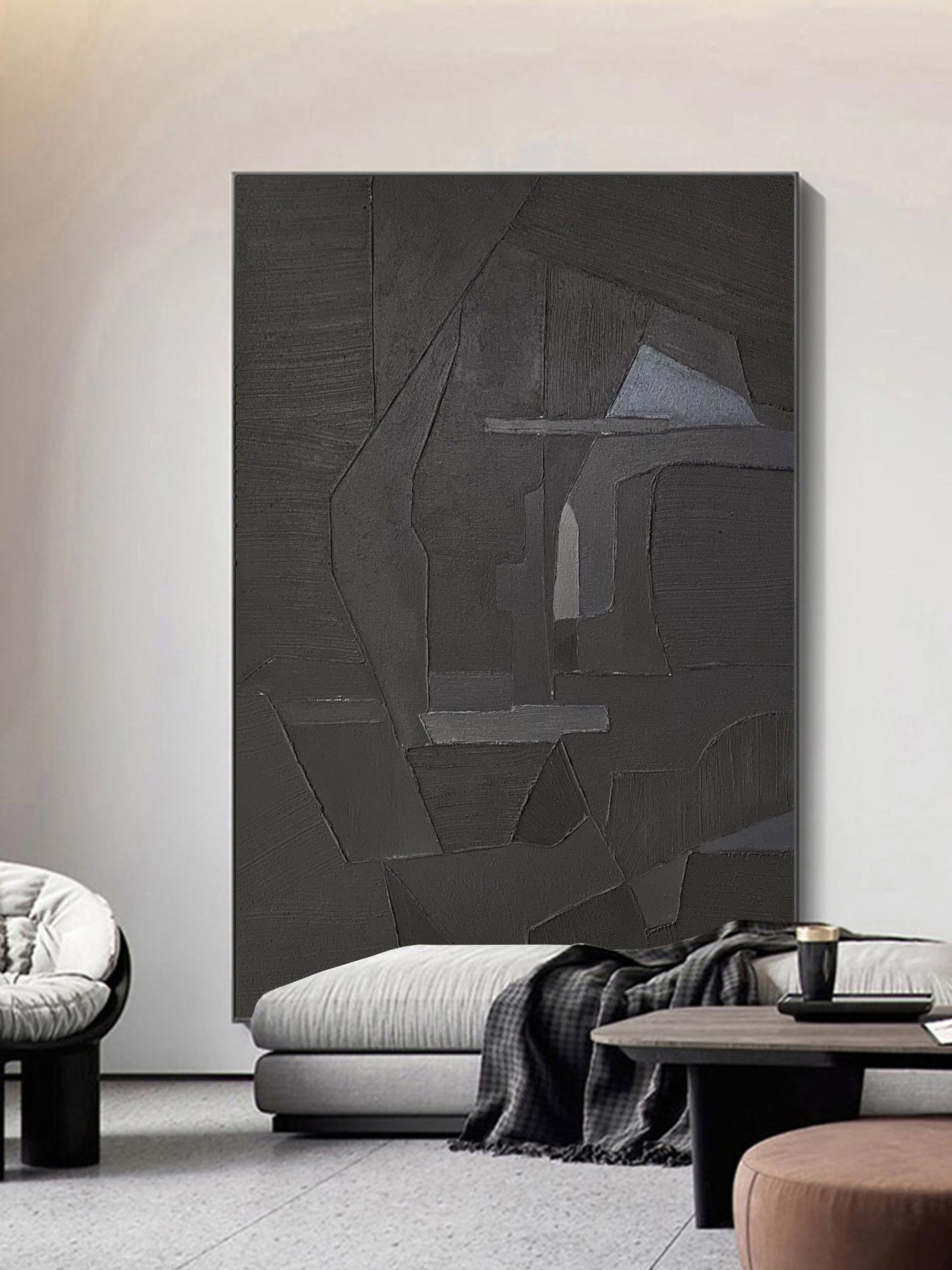 Contemporary Black Abstract Oil Painting for Modern Minimalist Home Décor