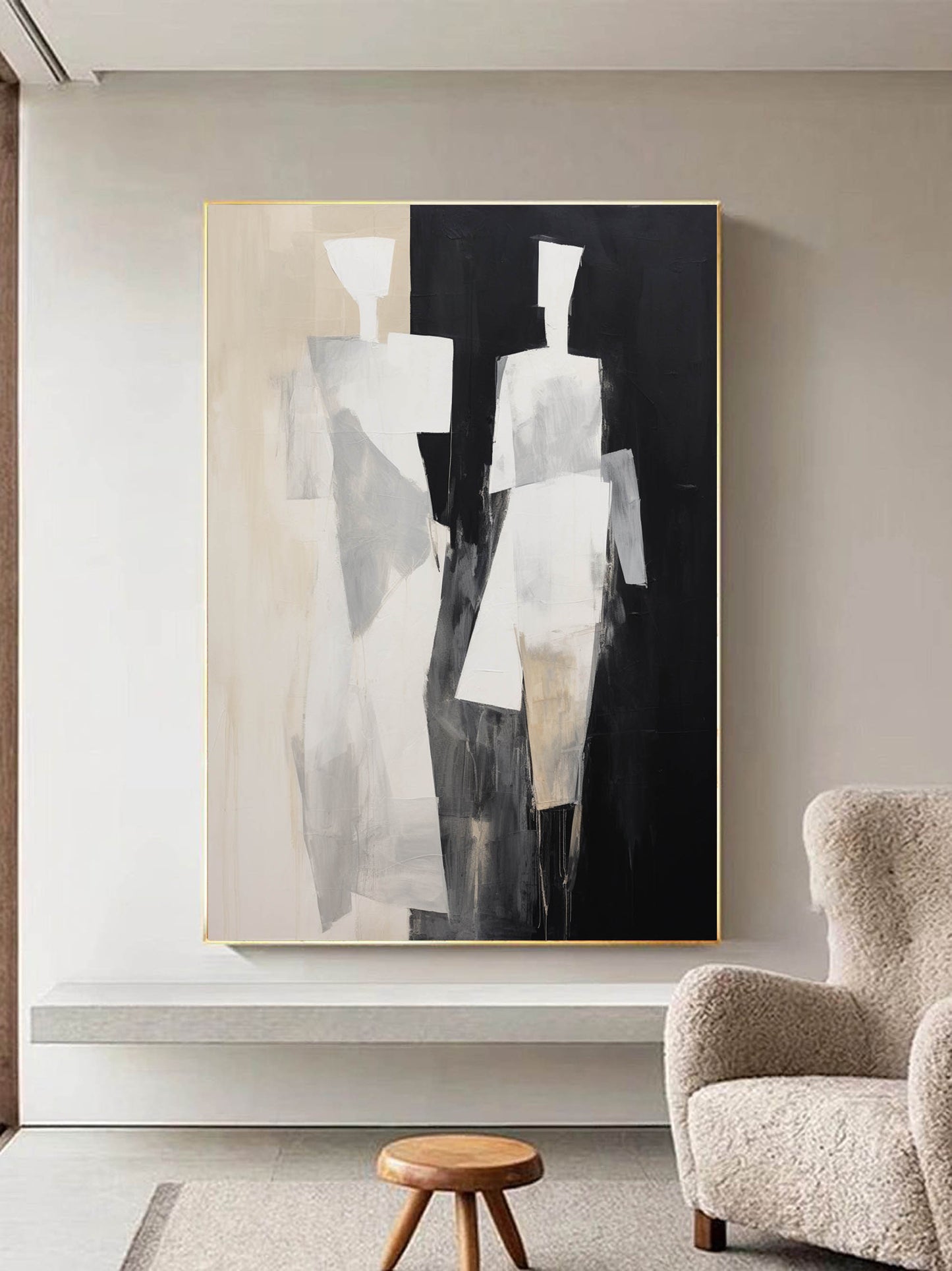 Abstract Black and White Minimalist Oil Painting for Modern Home Decor