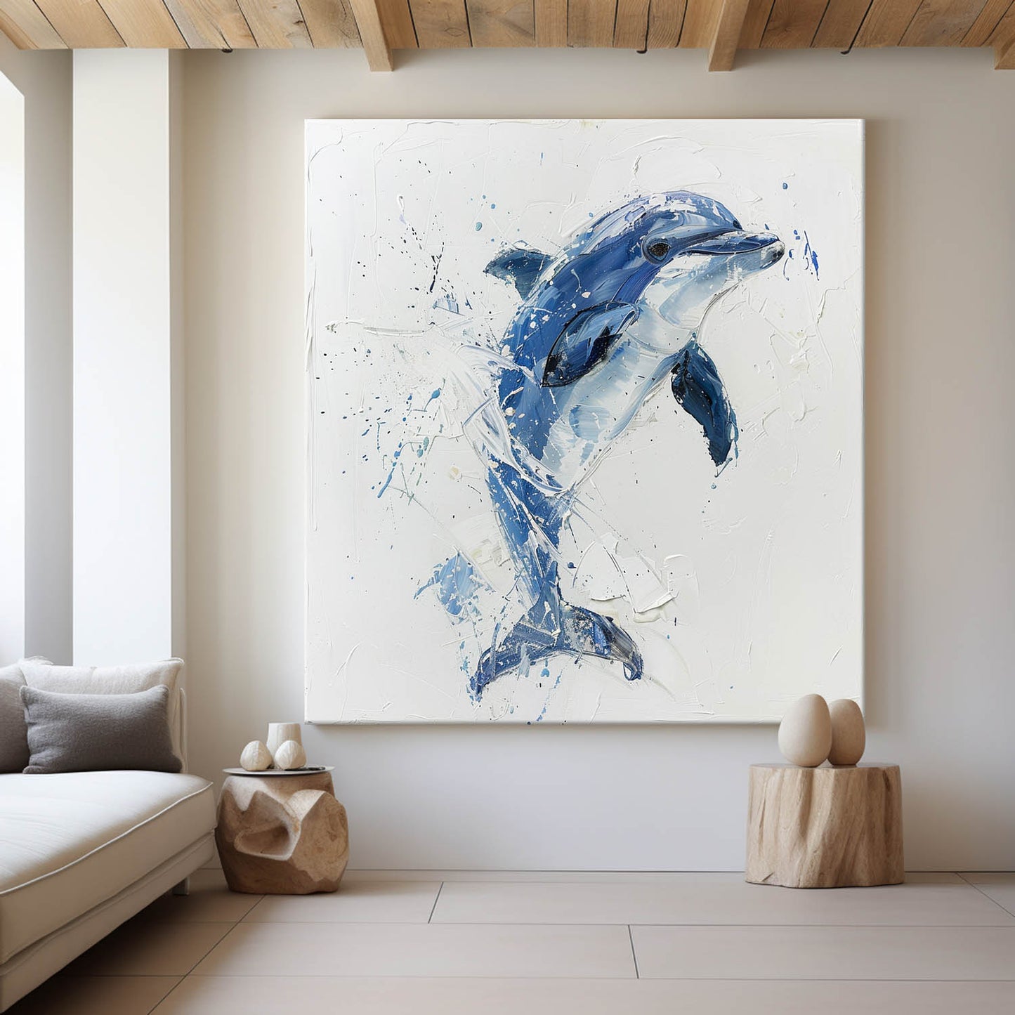 Vibrant Blue Dolphin Oil Painting – Captivating Ocean Art for Your Home Decor