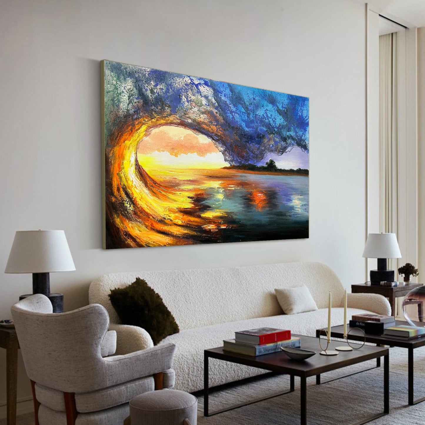 Vibrant Sunset Over Ocean Wave Landscape Oil Painting for Home Decor