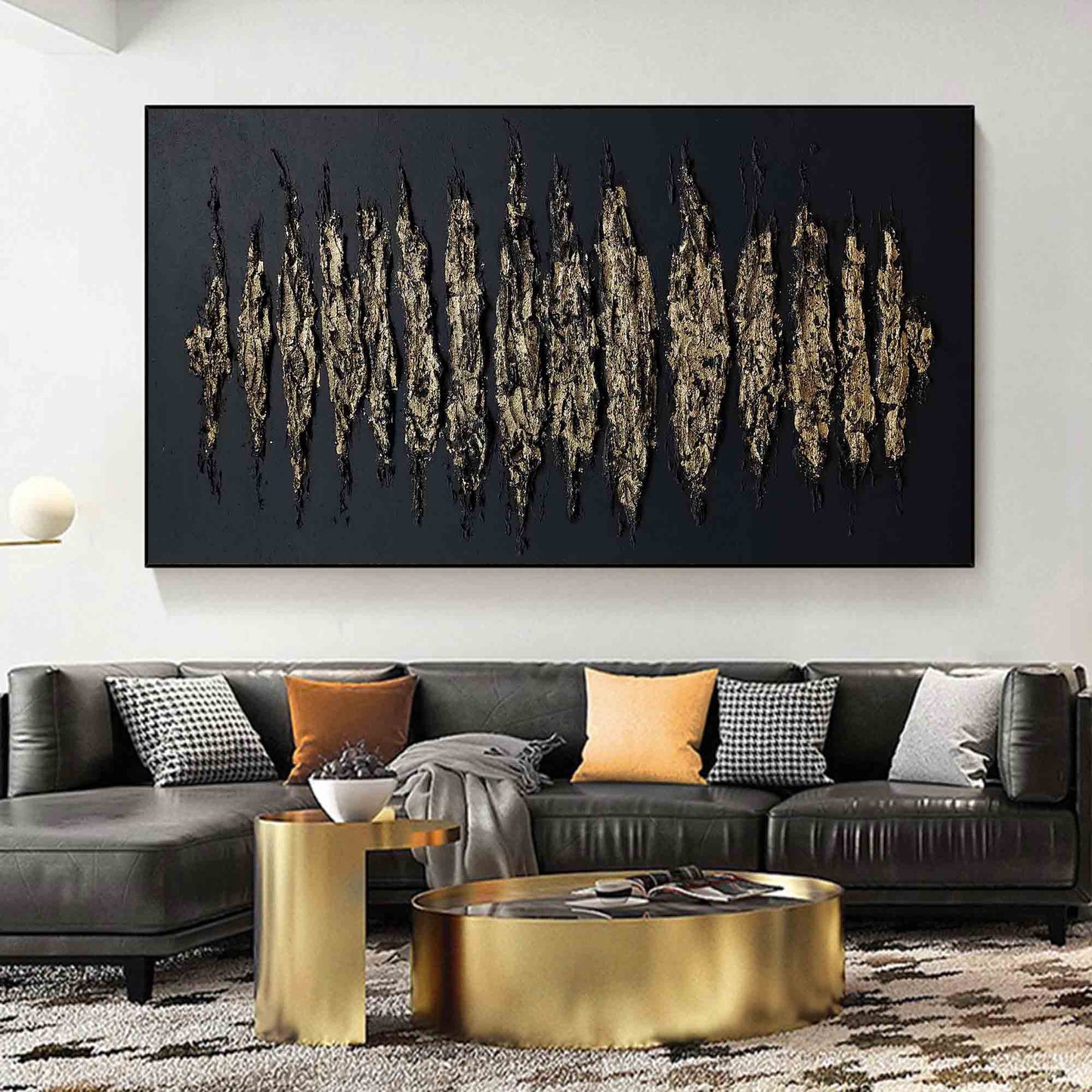 Contemporary Gold and Black Abstract Oil Painting for Modern Home Decor