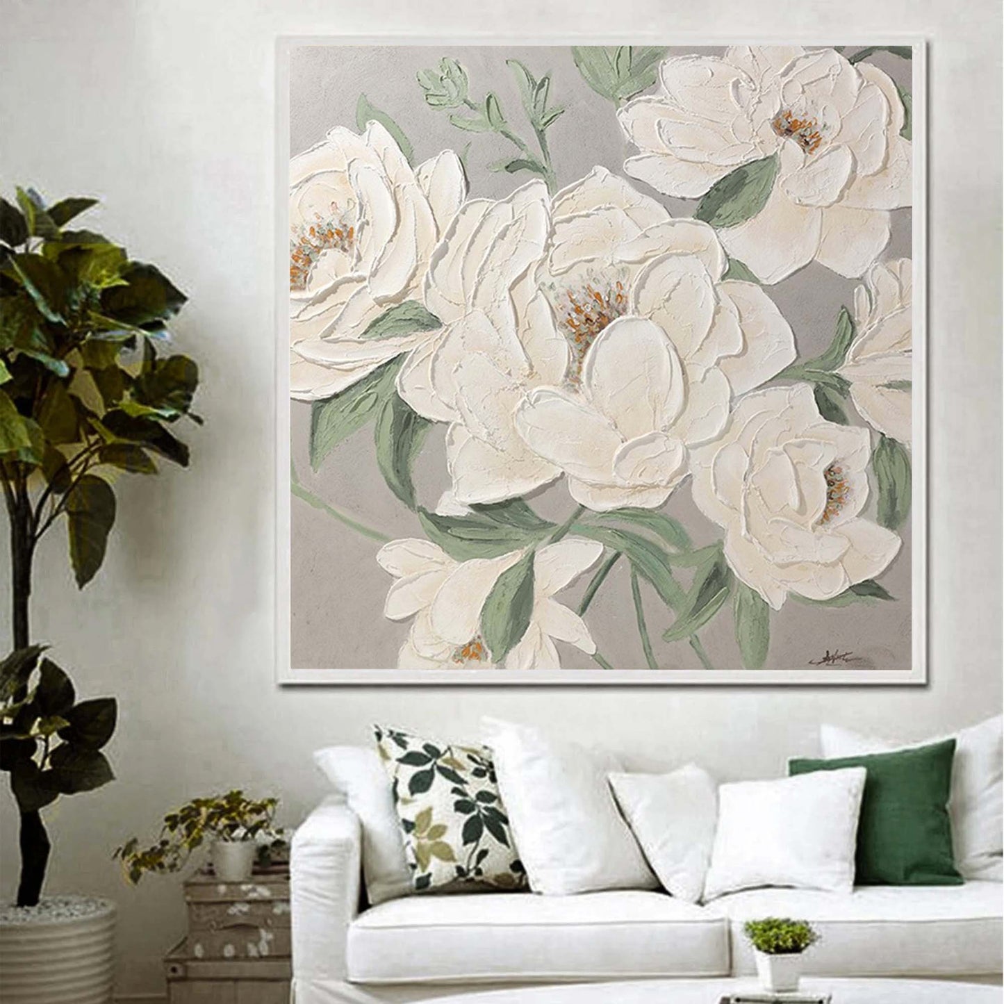 Elegant White Floral Oil Painting for Modern Home Decoration