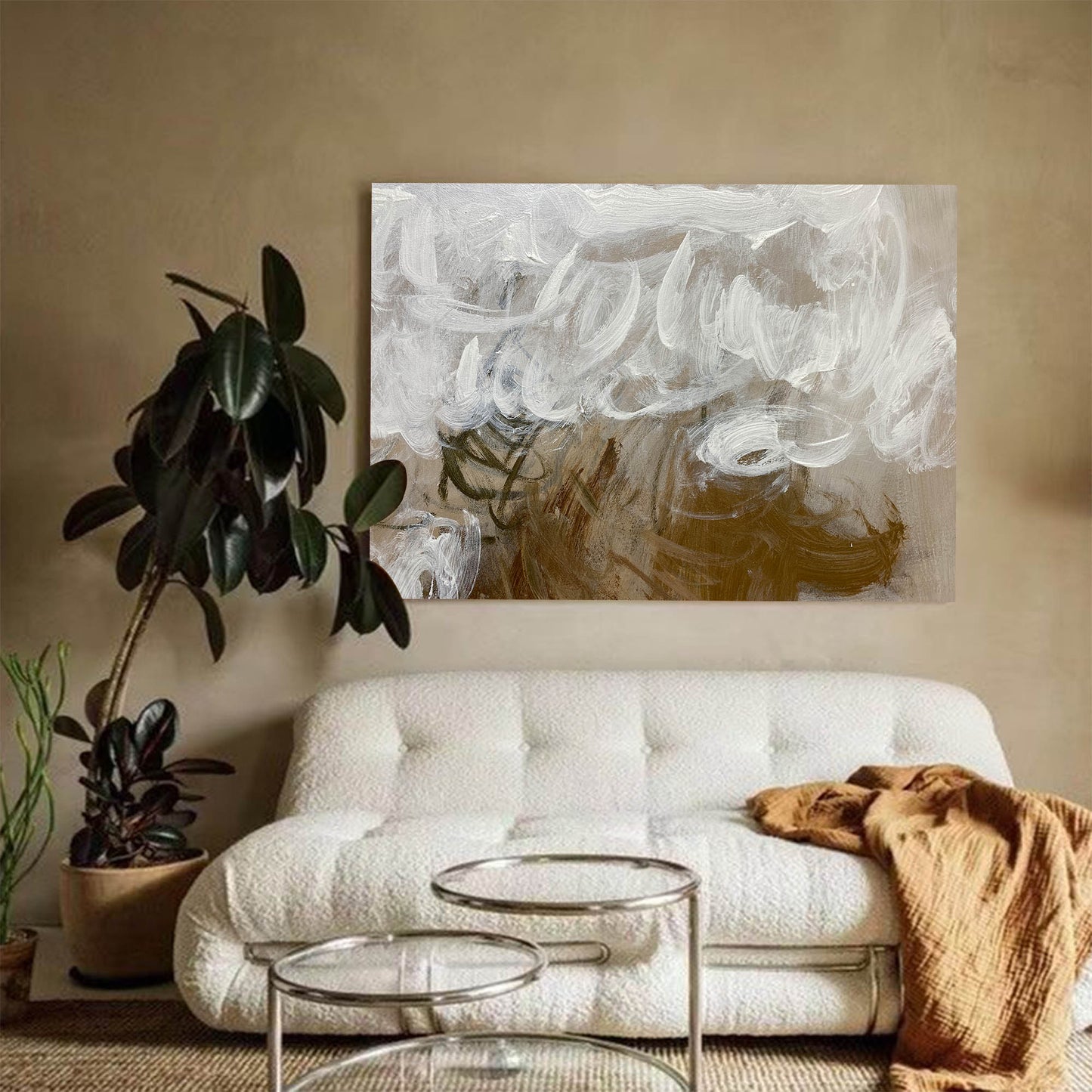 Contemporary Abstract Oil Painting with Dynamic Brushwork and Calming Tones
