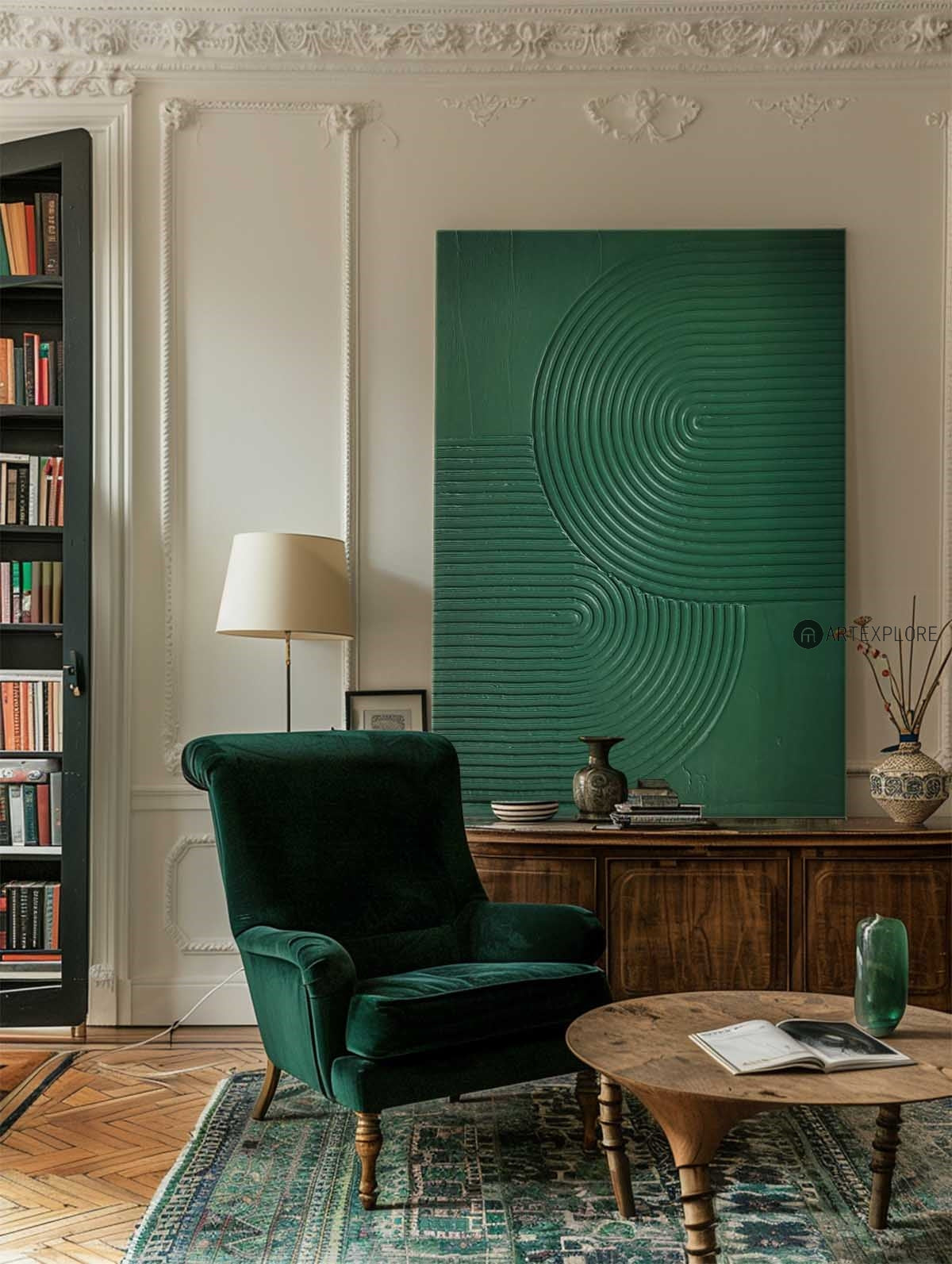 Contemporary Green Abstract Oil Painting with Minimalist Texture