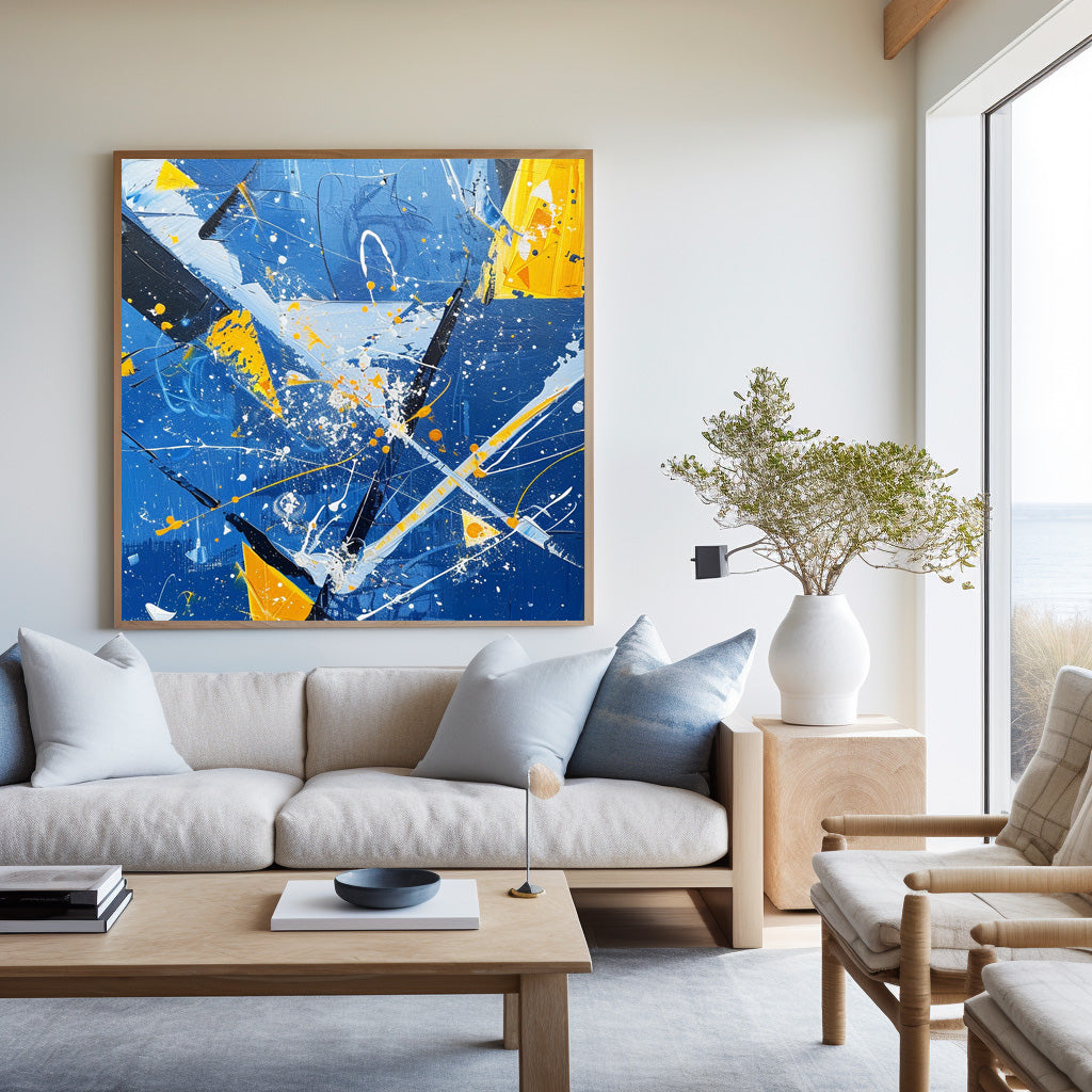 Vibrant Abstract Ocean Waves Oil Painting with Energetic Blue and Yellow Colors