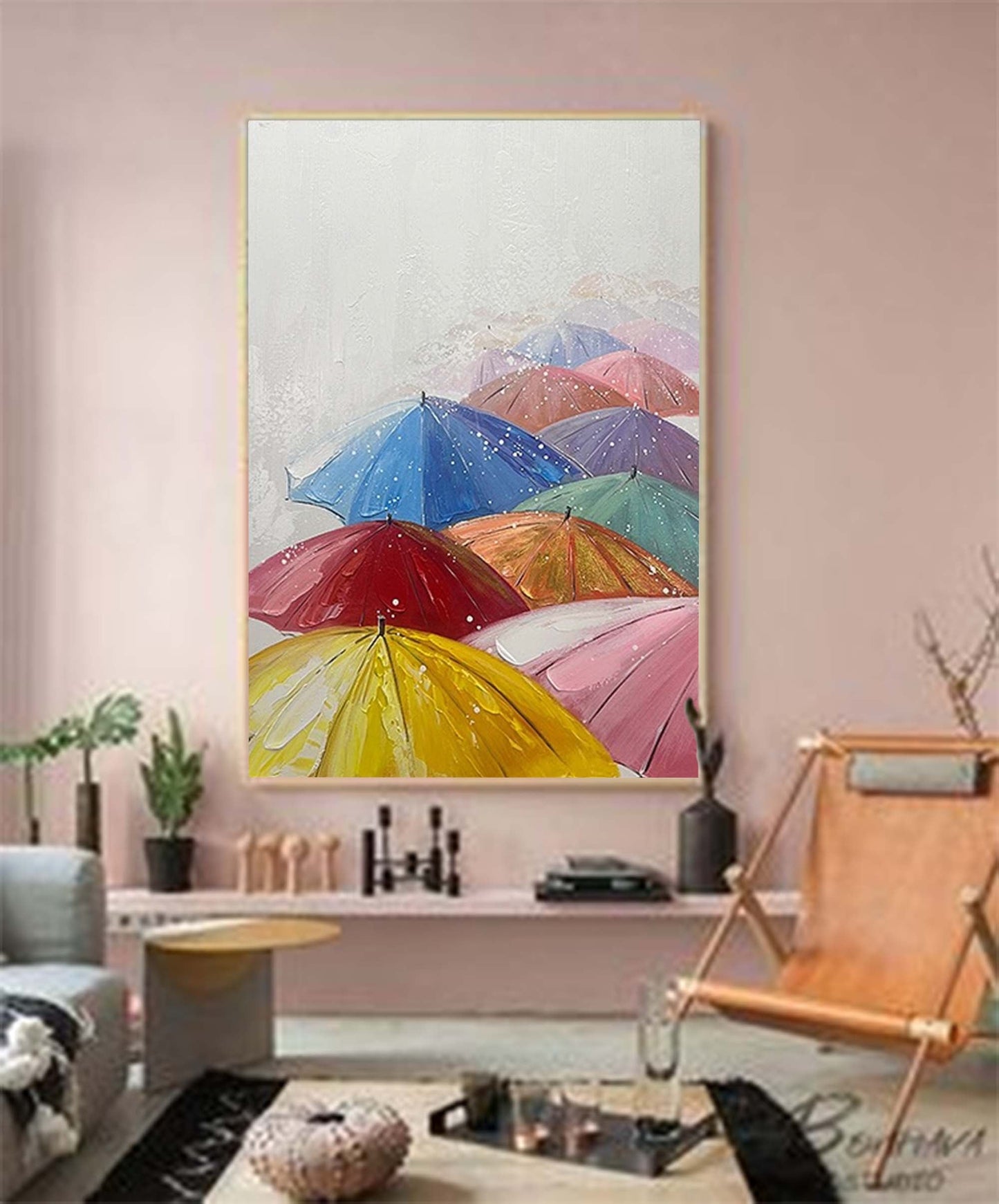 Colorful Umbrellas Abstract Oil Painting for Modern Home Decor