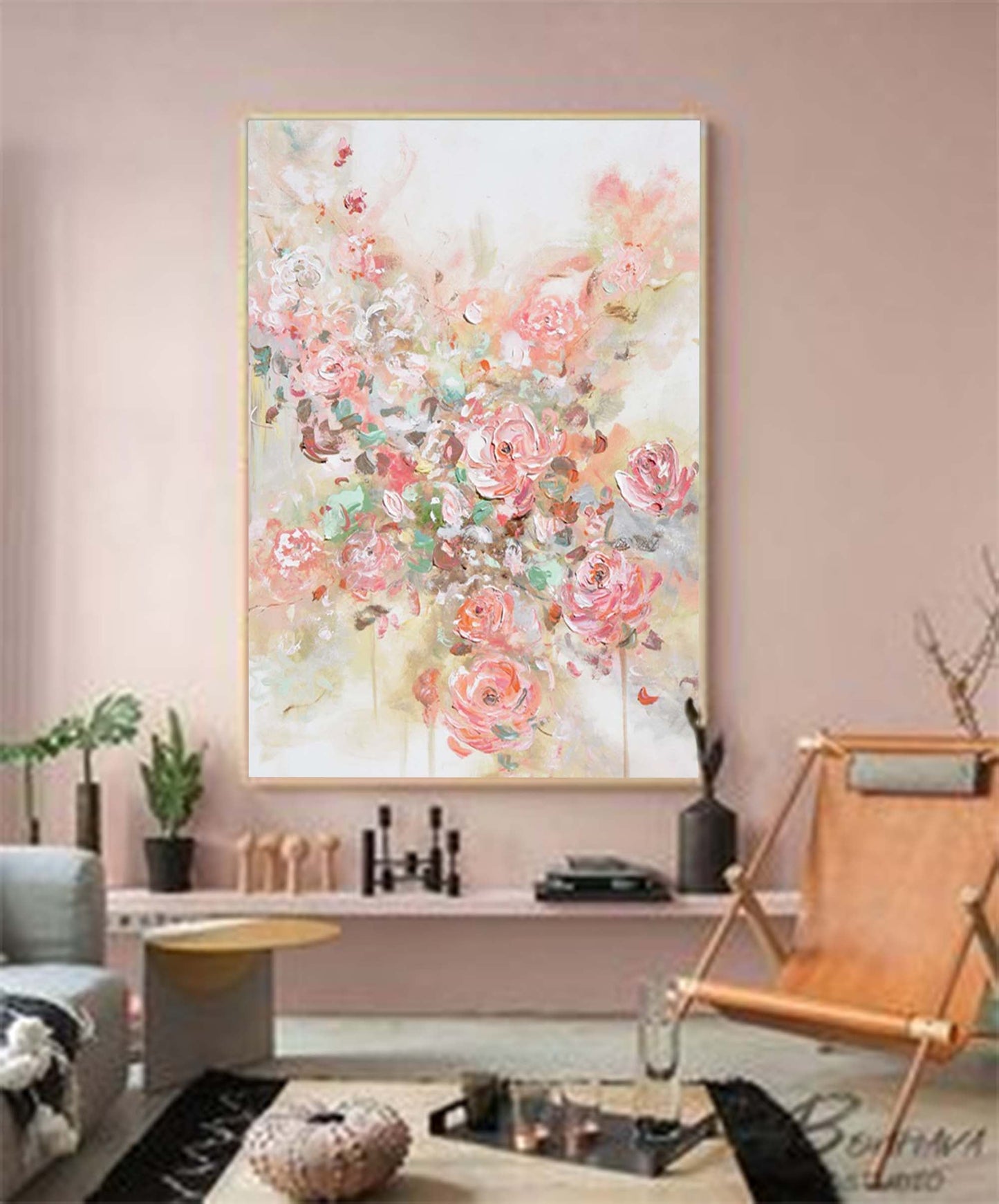 Romantic Floral Oil Painting with Soft Pink Roses and Abstract Background
