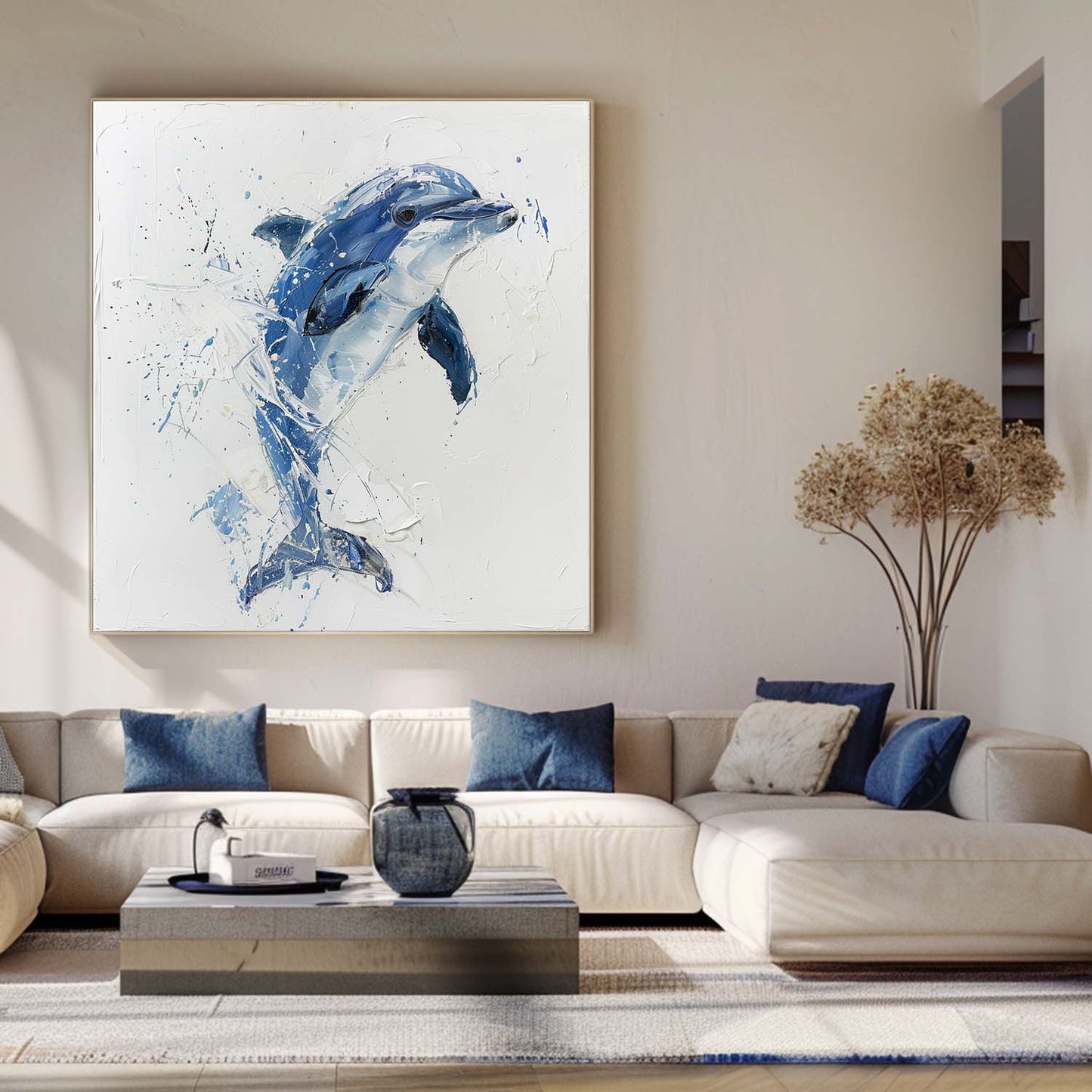 Vibrant Blue Dolphin Oil Painting – Captivating Ocean Art for Your Home Decor