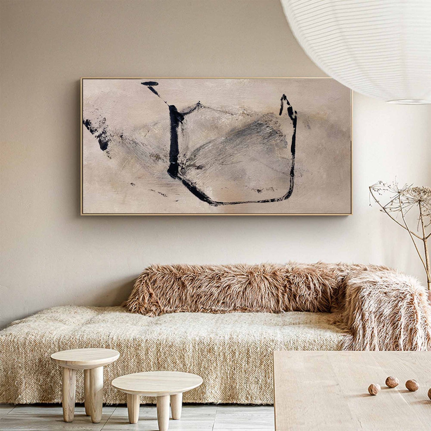 Contemporary Black and Beige Abstract Oil Painting for Modern Home Decor