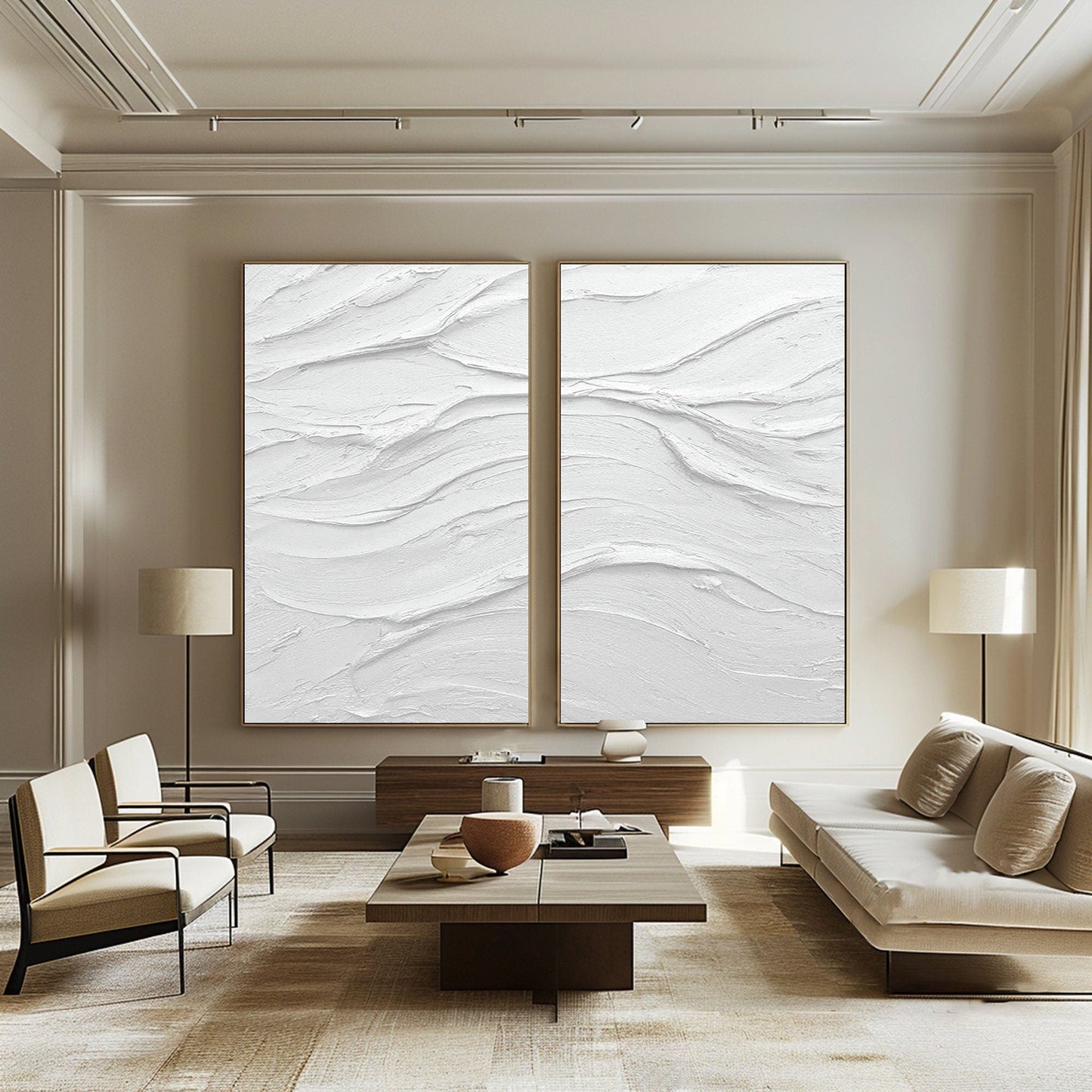 Minimalist White Abstract Oil Paintings for Home Decor - Set of Two