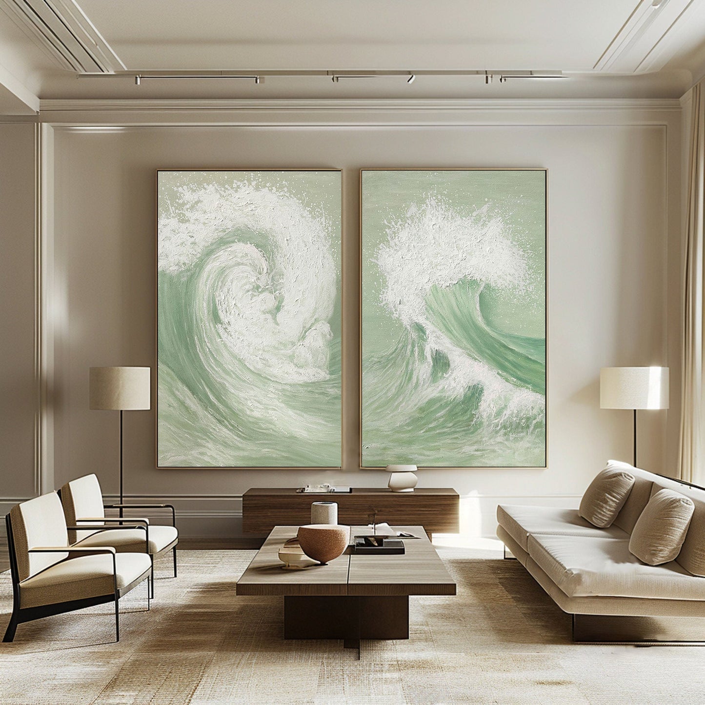 Elegant Green and White Abstract Wave Art for Modern Home Decor Set