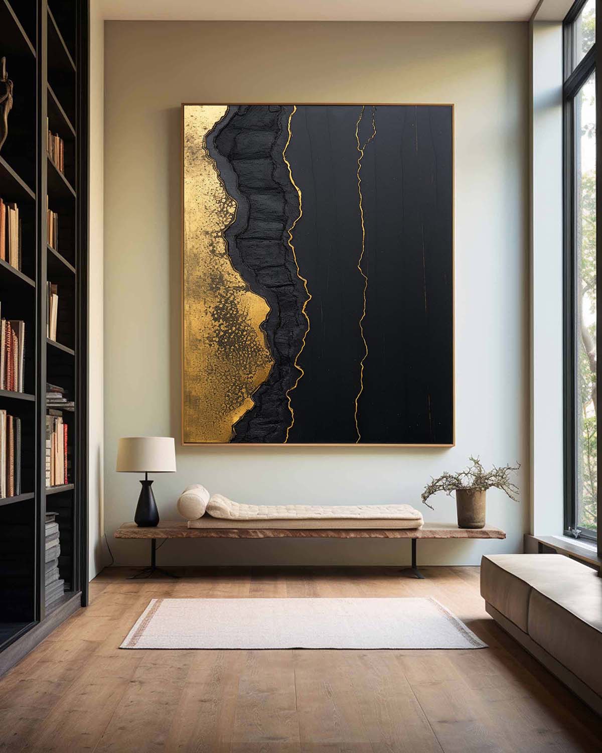 Elegant Black and Gold Minimalist Abstract Oil Painting for Modern Decor