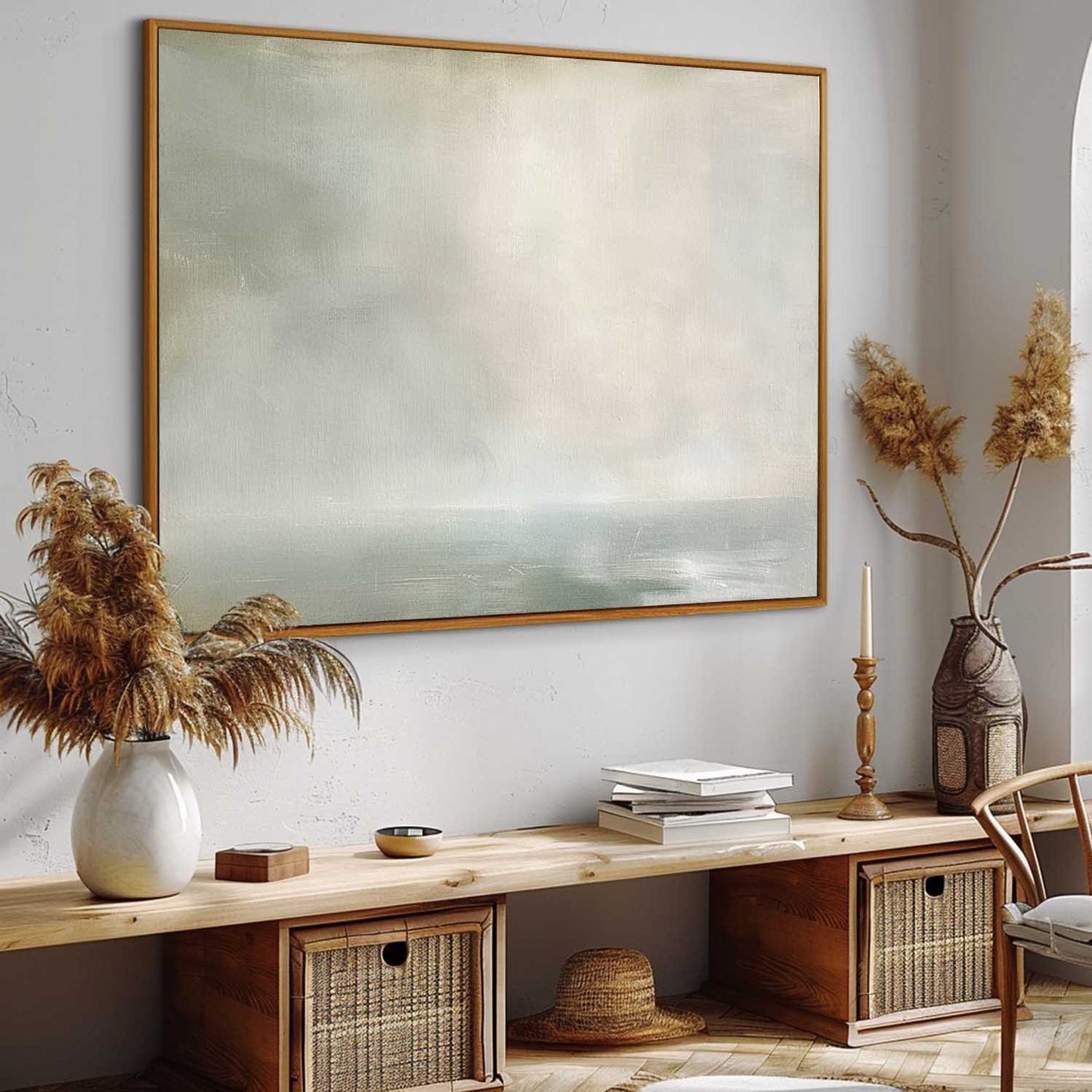 Serene Coastal Landscape Painting in Soft Hues for Tranquil Home Decor