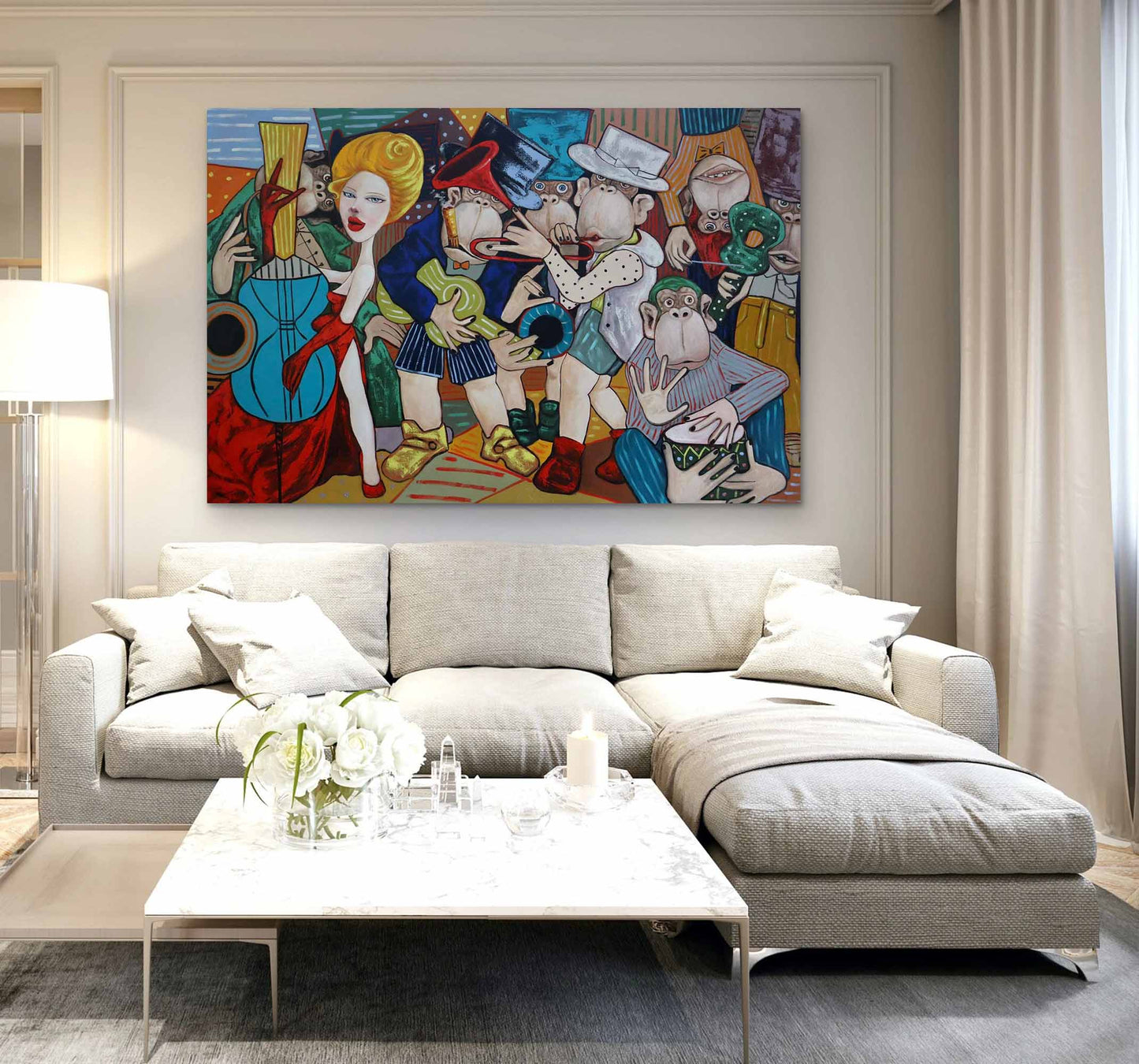 Colorful Pop Art Oil Painting of Musicians and Monkeys in Vibrant Abstract Style