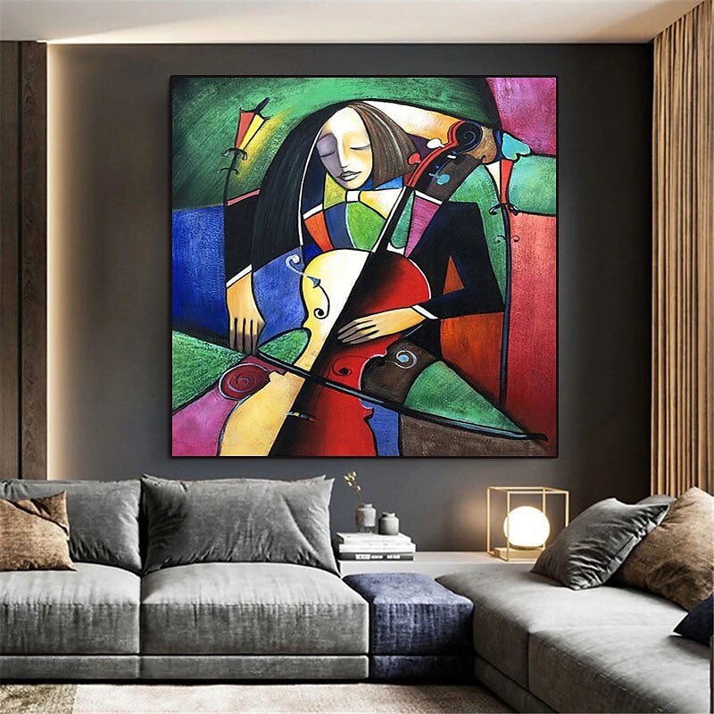 Colorful Musician Playing Violin and Cello in Abstract Oil Painting