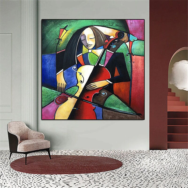 Colorful Musician Playing Violin and Cello in Abstract Oil Painting