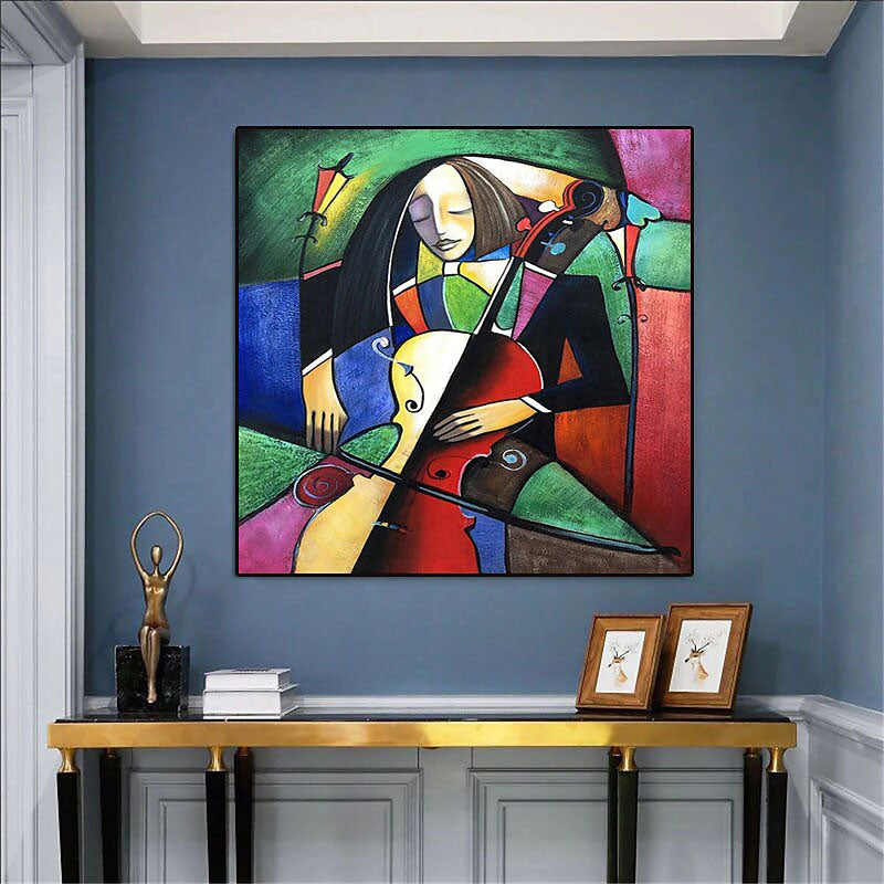 Colorful Musician Playing Violin and Cello in Abstract Oil Painting