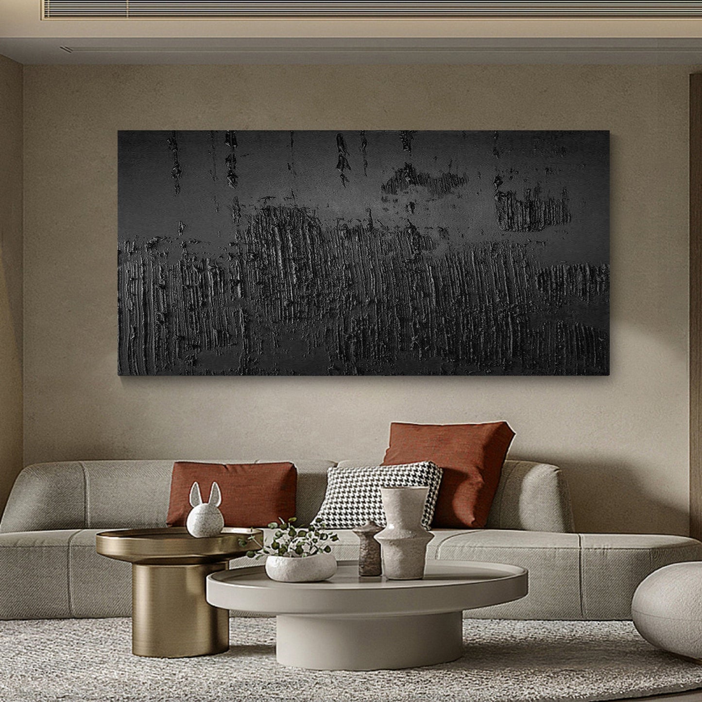 Textured Black Abstract Art - Modern Minimalist Oil Painting for Contemporary Decor