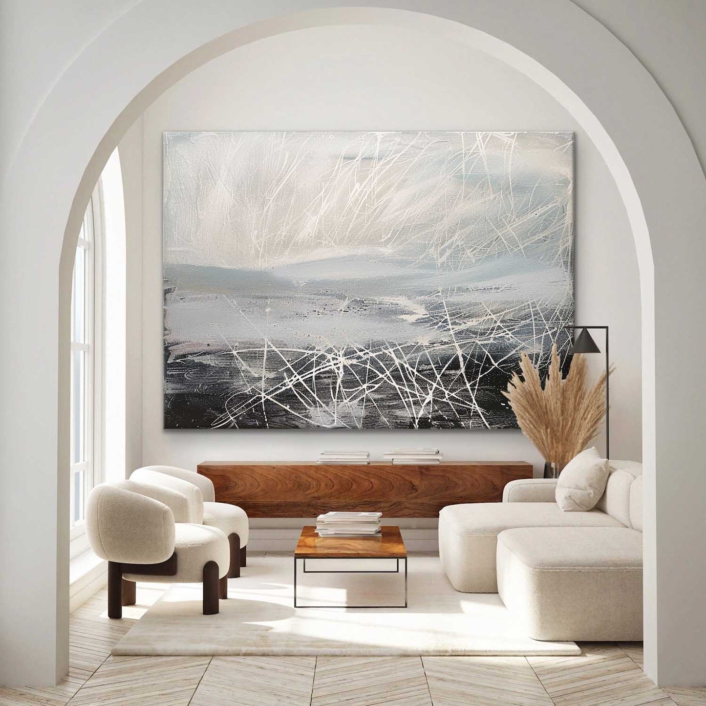 Contemporary Abstract Oil Painting with Dynamic Lines and Soft Color Palette