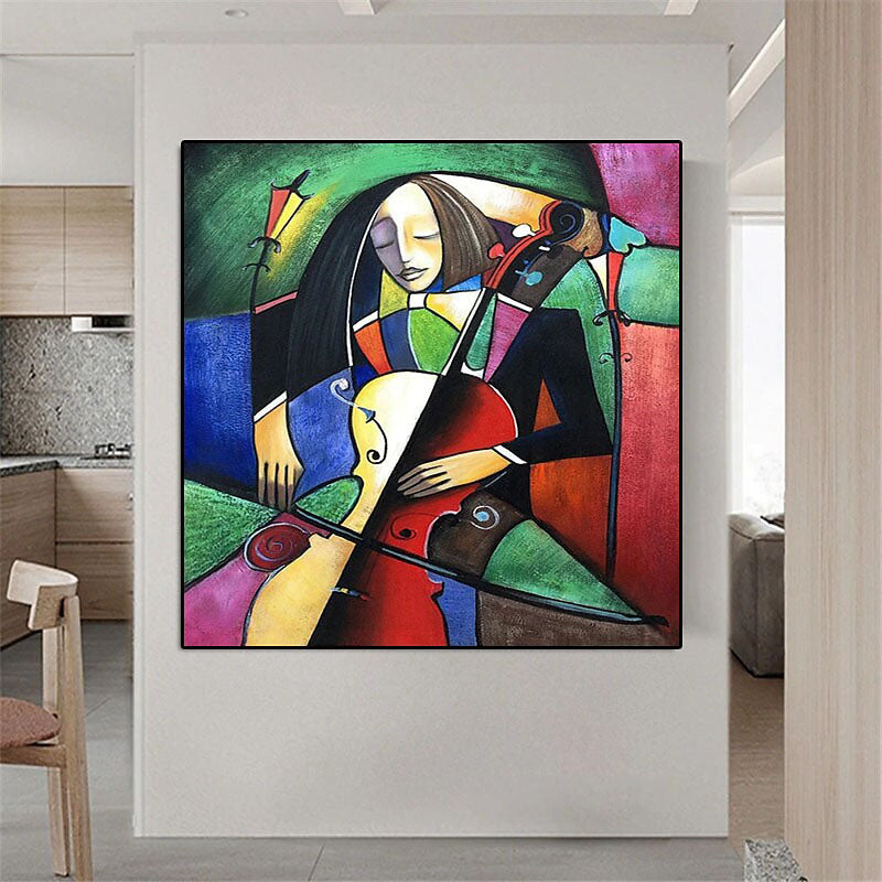Colorful Musician Playing Violin and Cello in Abstract Oil Painting