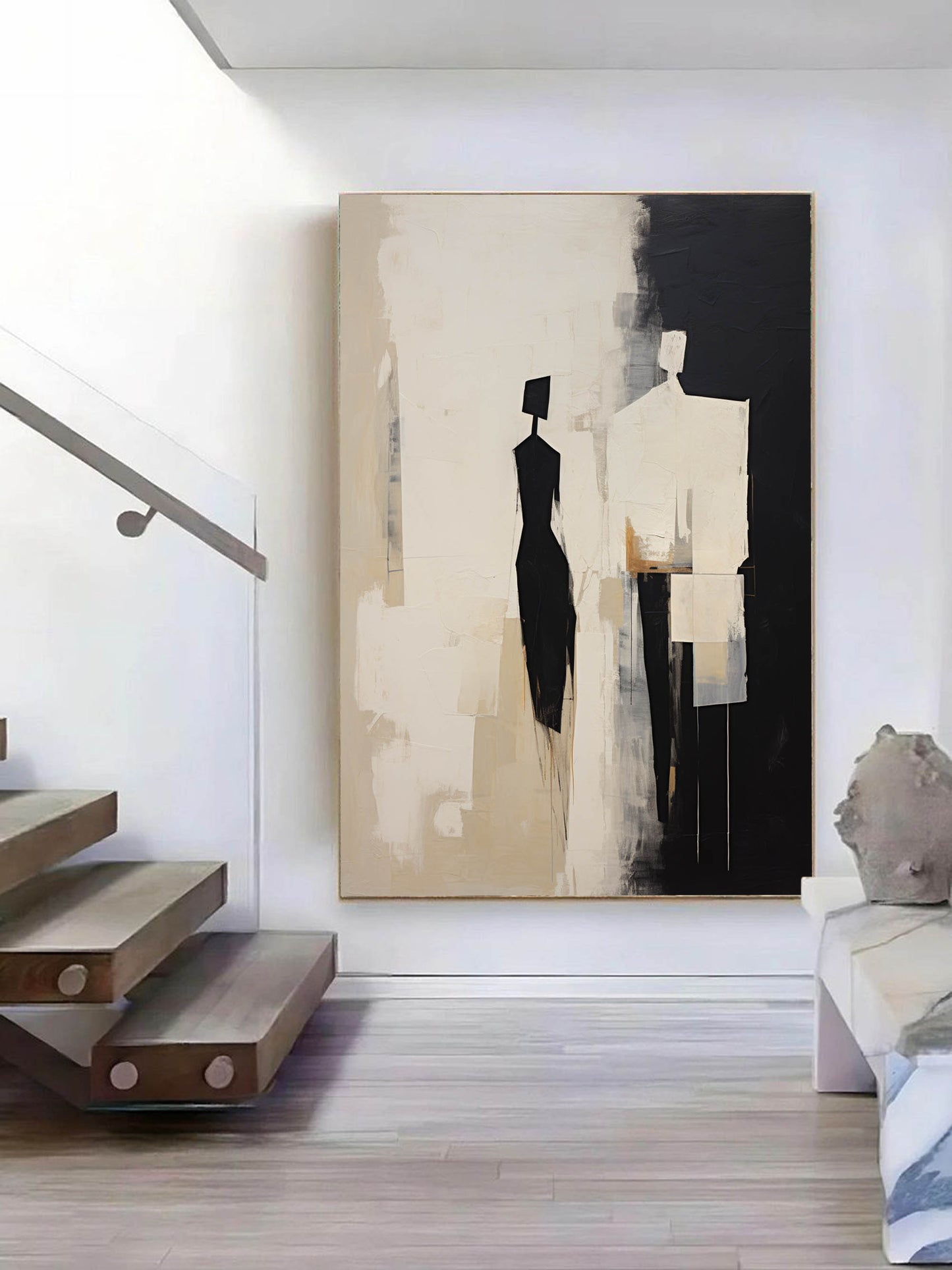 Elegant Black and White Contemporary Minimalist Oil Painting for Modern Decor