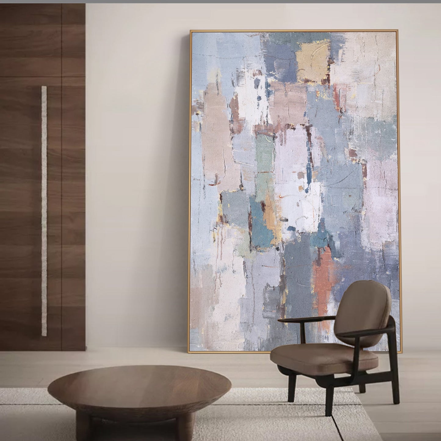 Contemporary Abstract Geometric Oil Painting in Soft Pastel Colors for Modern Decor