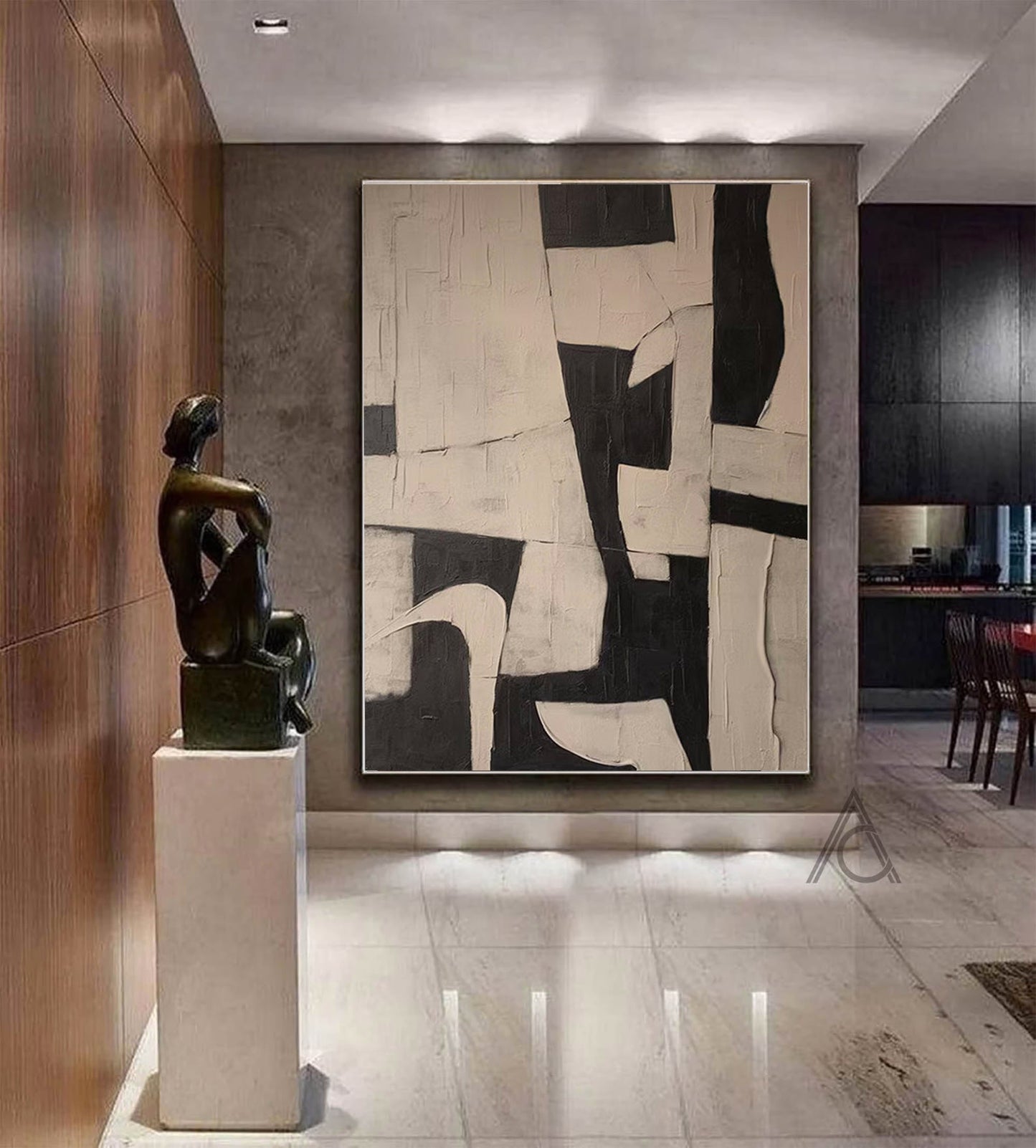 Elegant Black and White Minimalist Abstract Oil Painting for Modern Decor