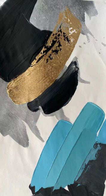 Contemporary Abstract Oil Painting with Gold and Blue Accents for Modern Decor