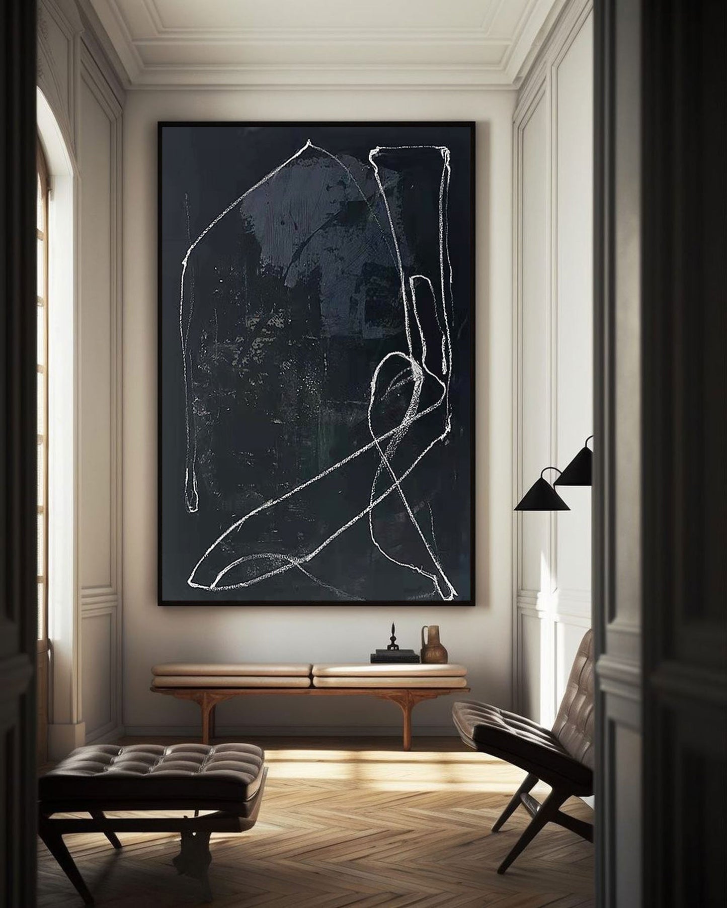 Chic Black Abstract Oil Painting with Elegant White Lines for Modern Decor