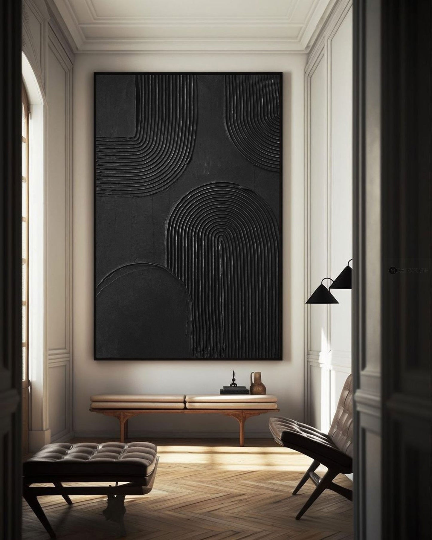 Contemporary Black Abstract Oil Painting with Textured Lines and Minimalist Elegance