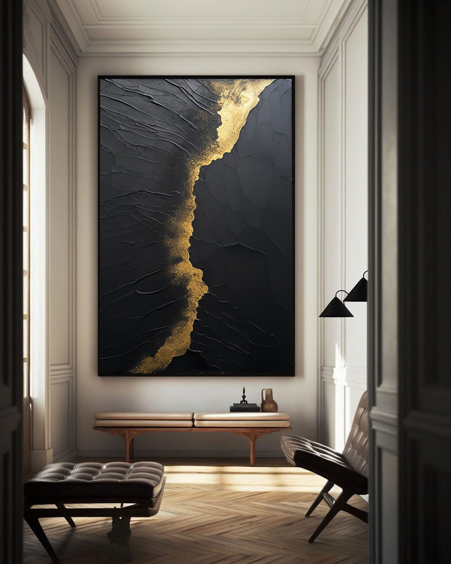 Elegant Black and Gold Minimalist Abstract Oil Painting for Modern Art Lovers