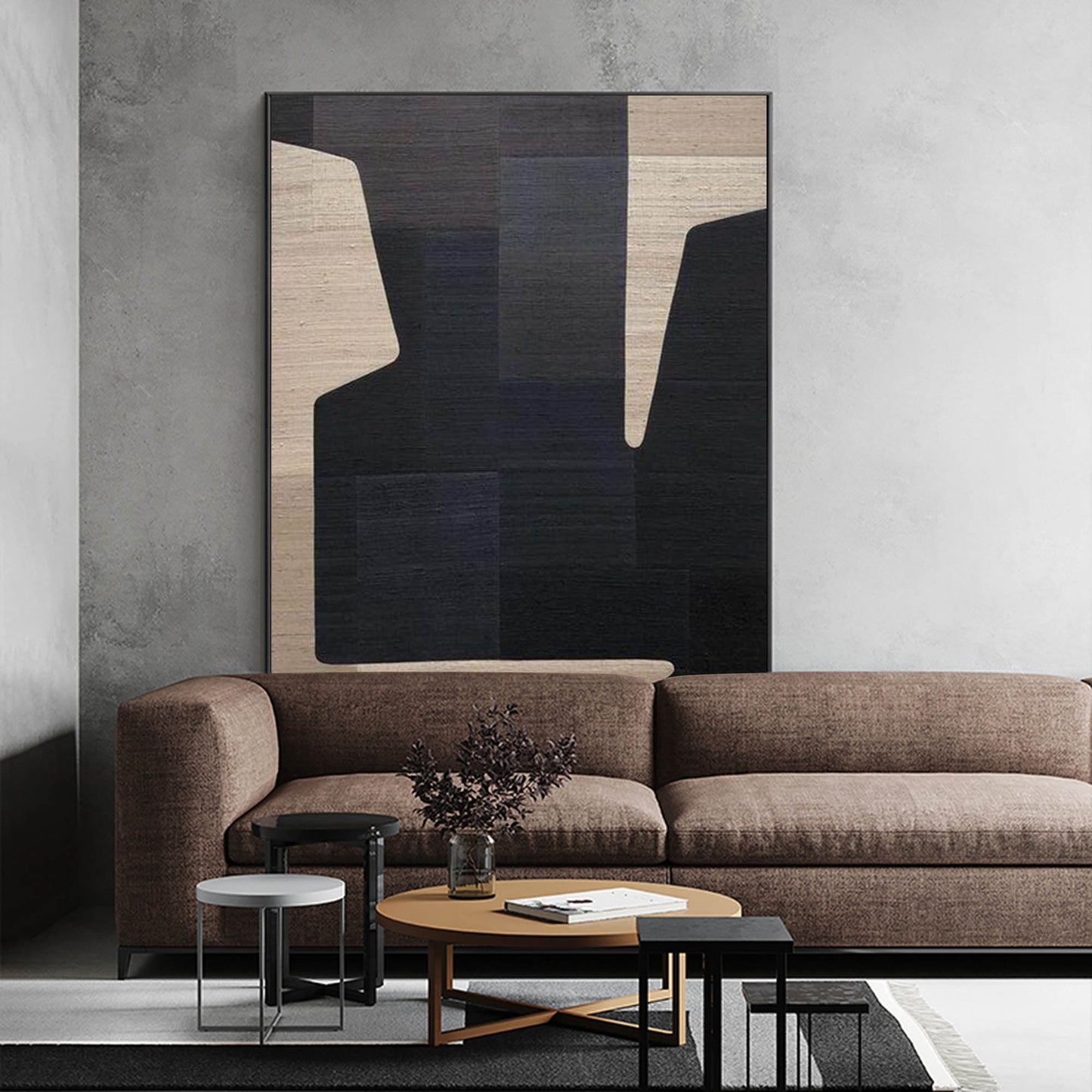 Contemporary Geometric Oil Painting in Bold Black and Neutral Tones for Modern Decor