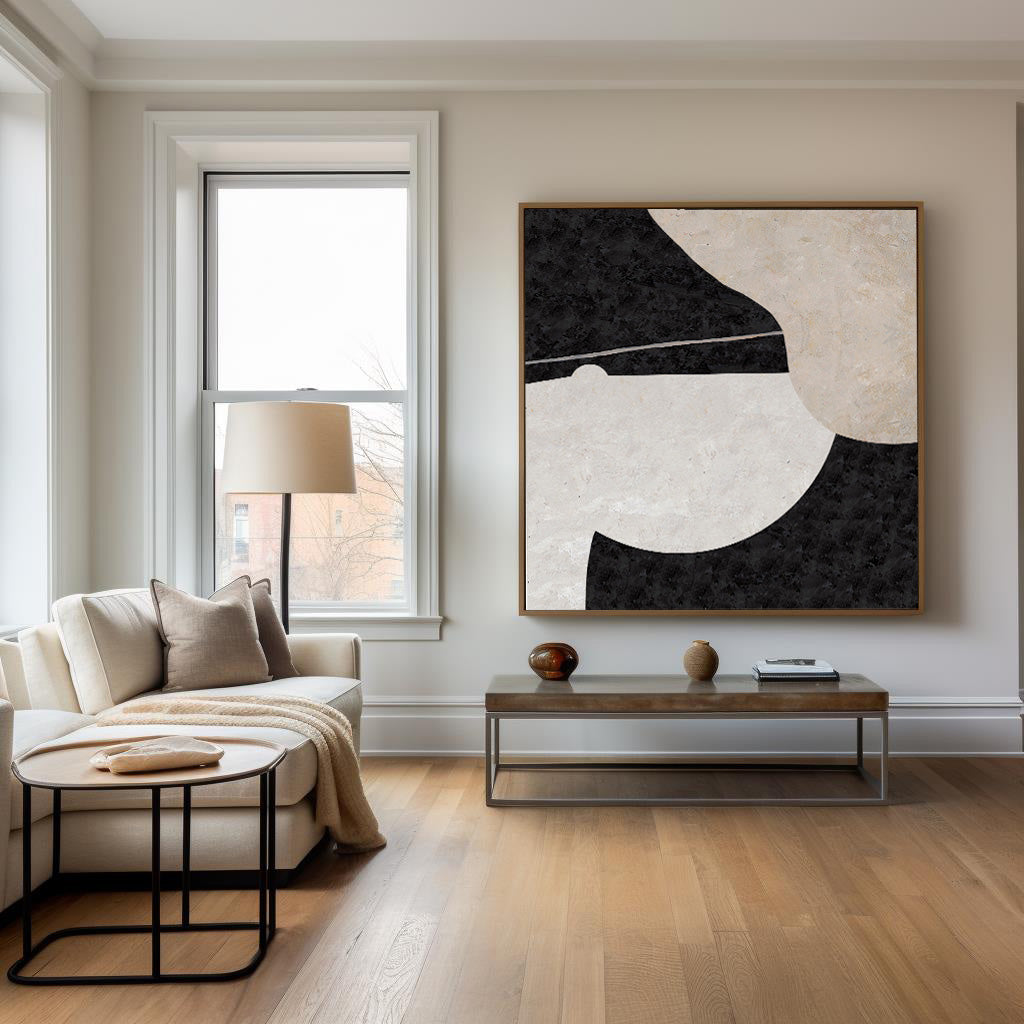 Large Minimalist Black and White Oil Painting for Modern Home Decor