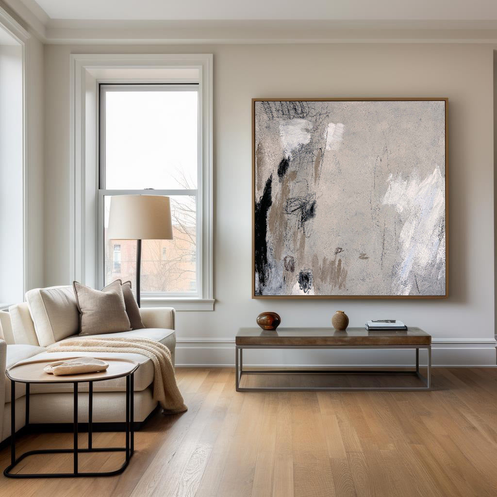 Contemporary Gray and White Abstract Oil Painting for Modern Home Decor