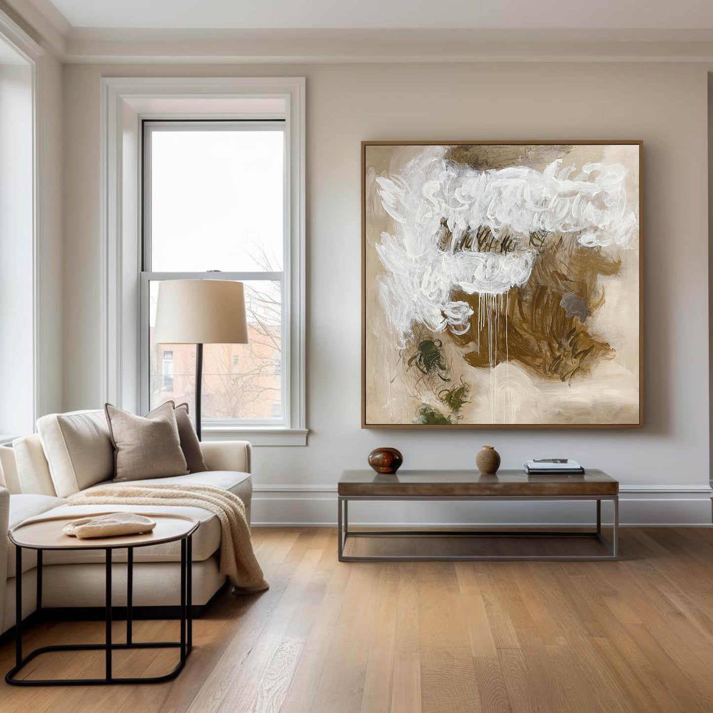 Contemporary Abstract Oil Painting with Textured White and Earth Tones