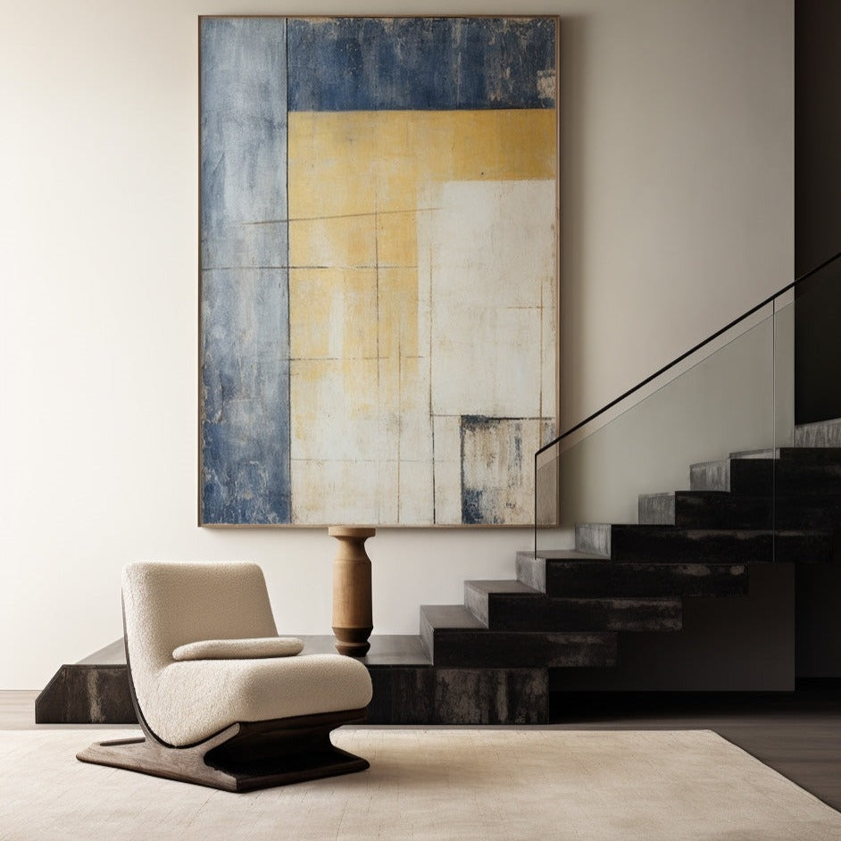 Contemporary Blue and Yellow Abstract Oil Painting for Modern Home Décor