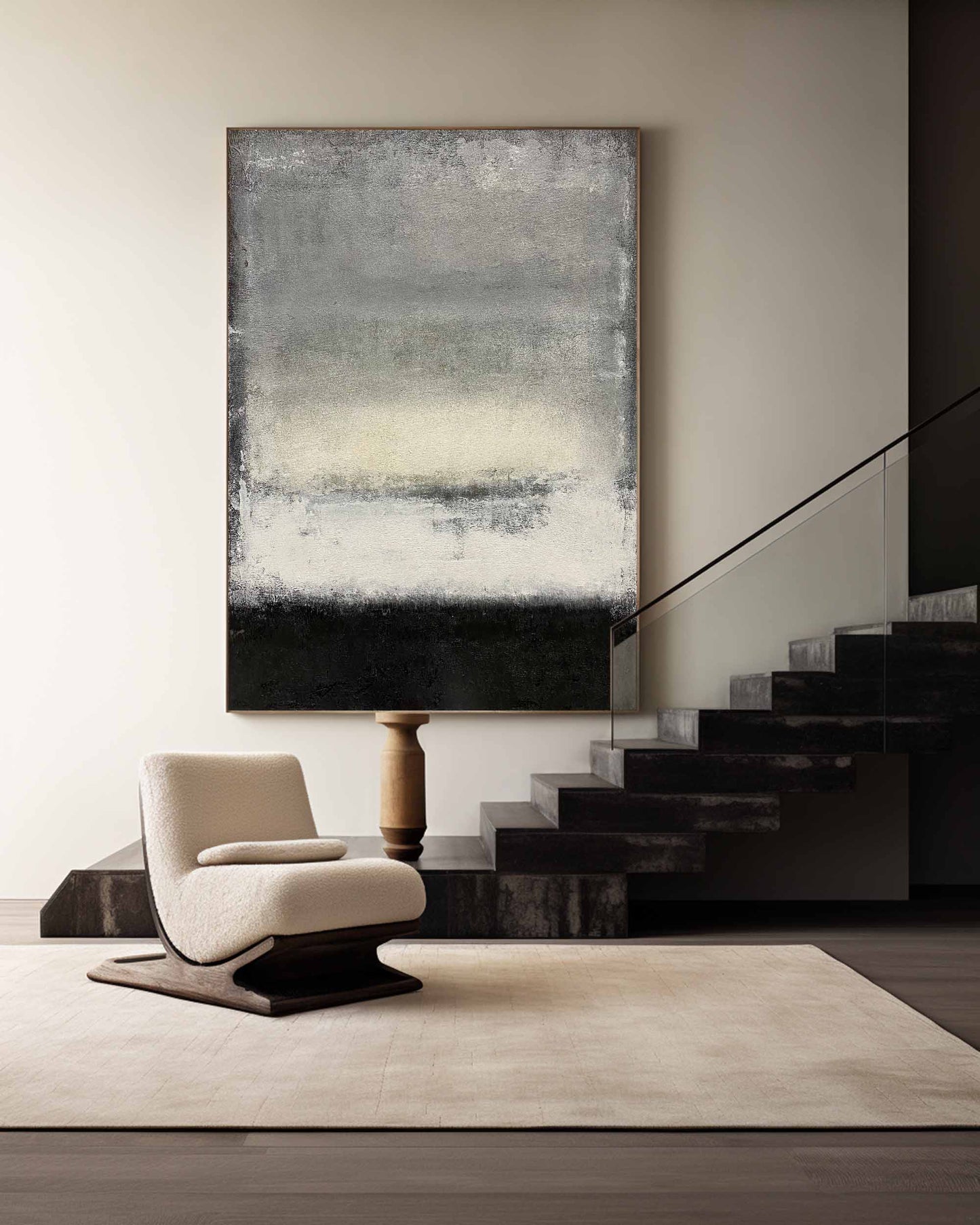Contemporary Black, White, and Grey Abstract Oil Painting for Modern Decor
