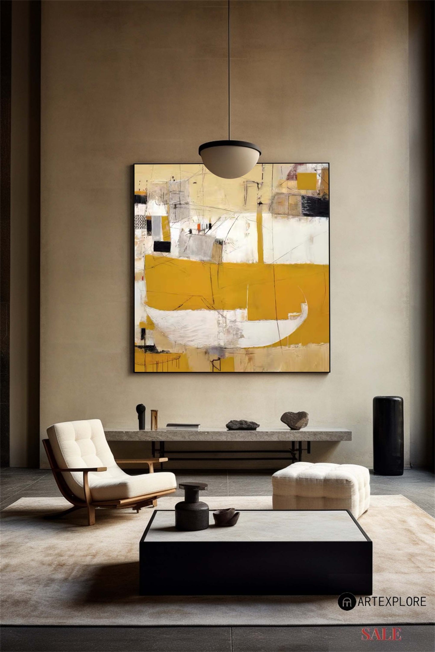 Contemporary Abstract Oil Painting with Yellow and White Harmony for Modern Decor