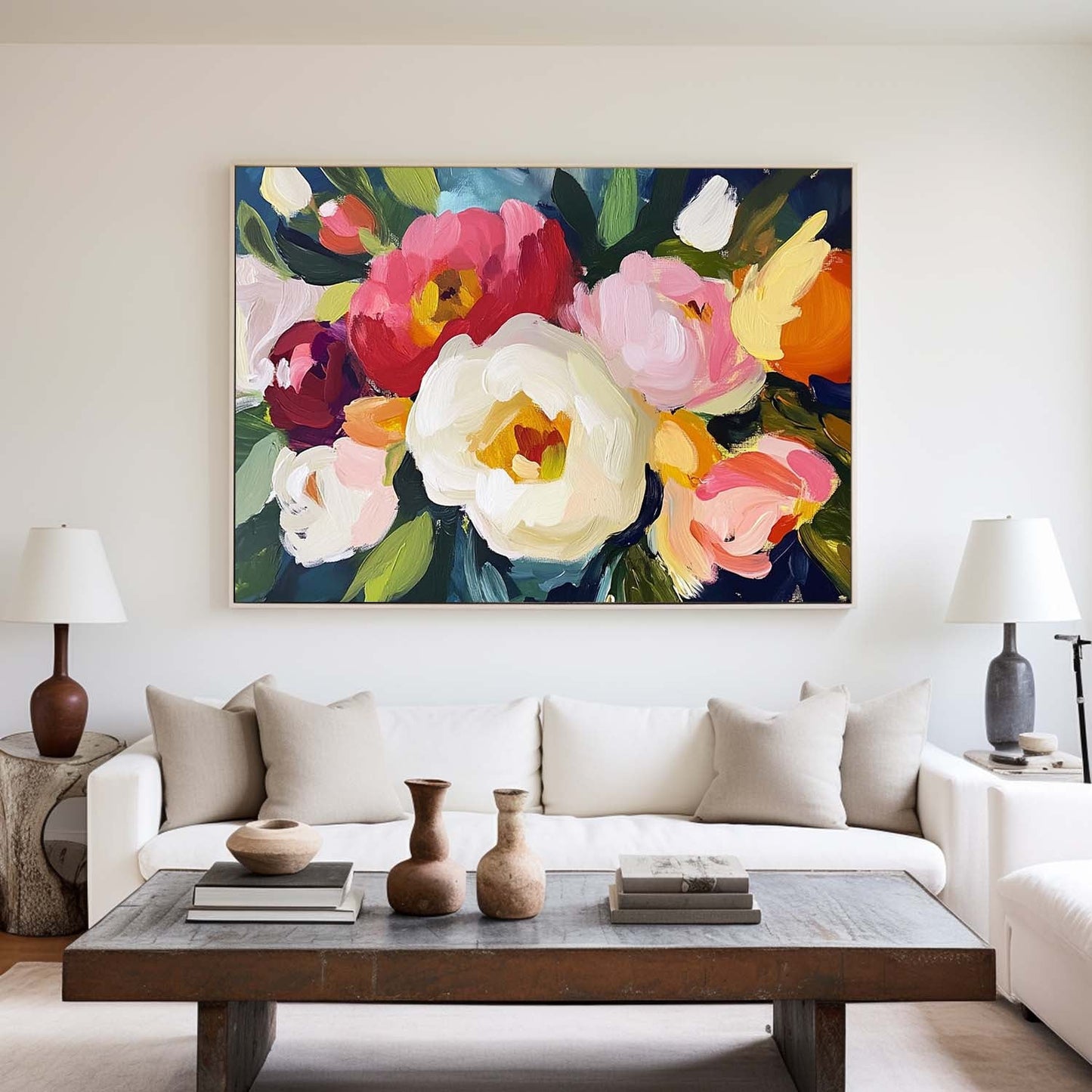 Vibrant Floral Oil Painting: Bold Colors and Modern Abstract Art for Home Decor