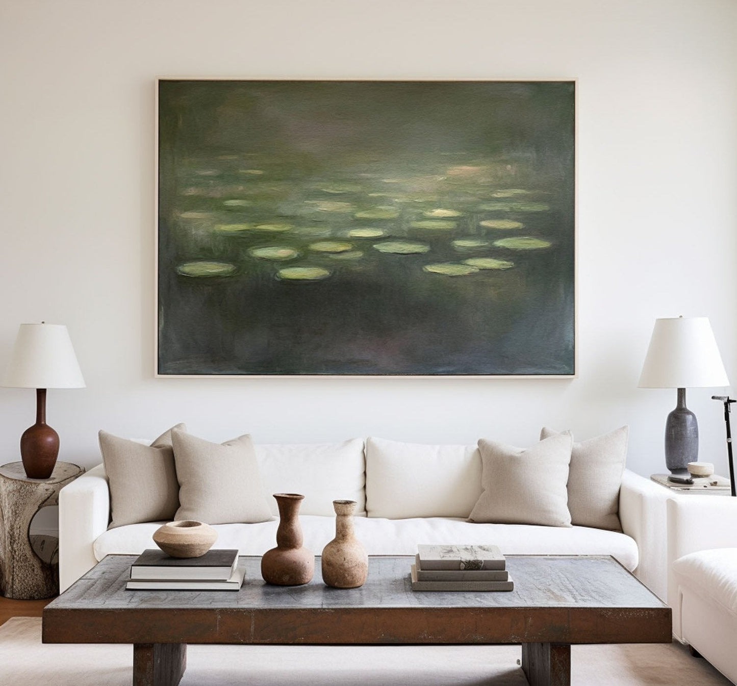 Serene Modern Abstract Oil Painting of Tranquil Water Lilies