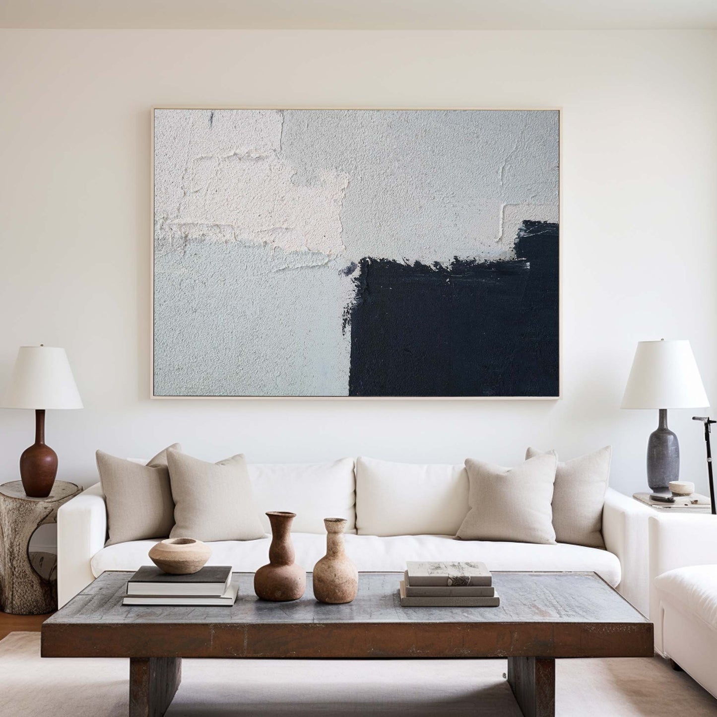 Contemporary Minimalist Abstract Oil Painting in Black and White Tones