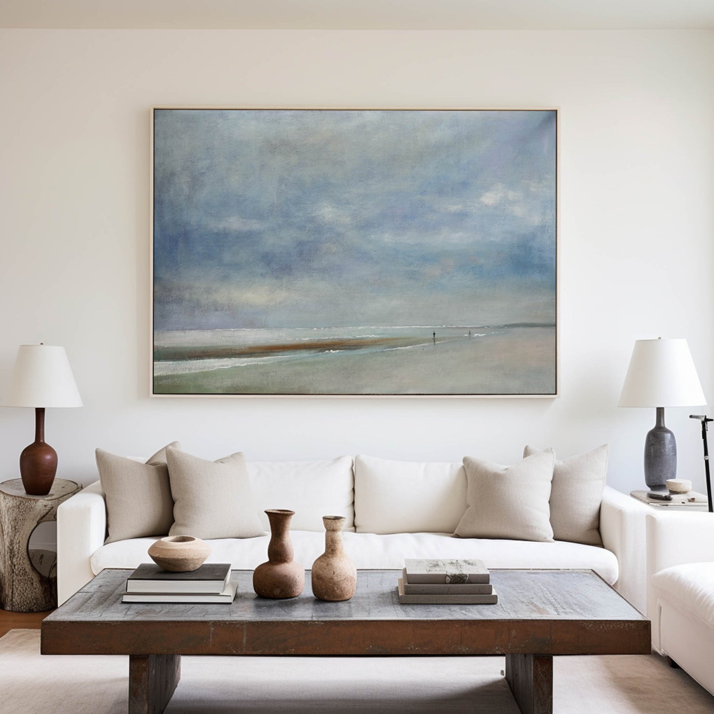 Serene Coastal Landscape Oil Painting - Tranquil Beach and Cloudy Sky Artwork