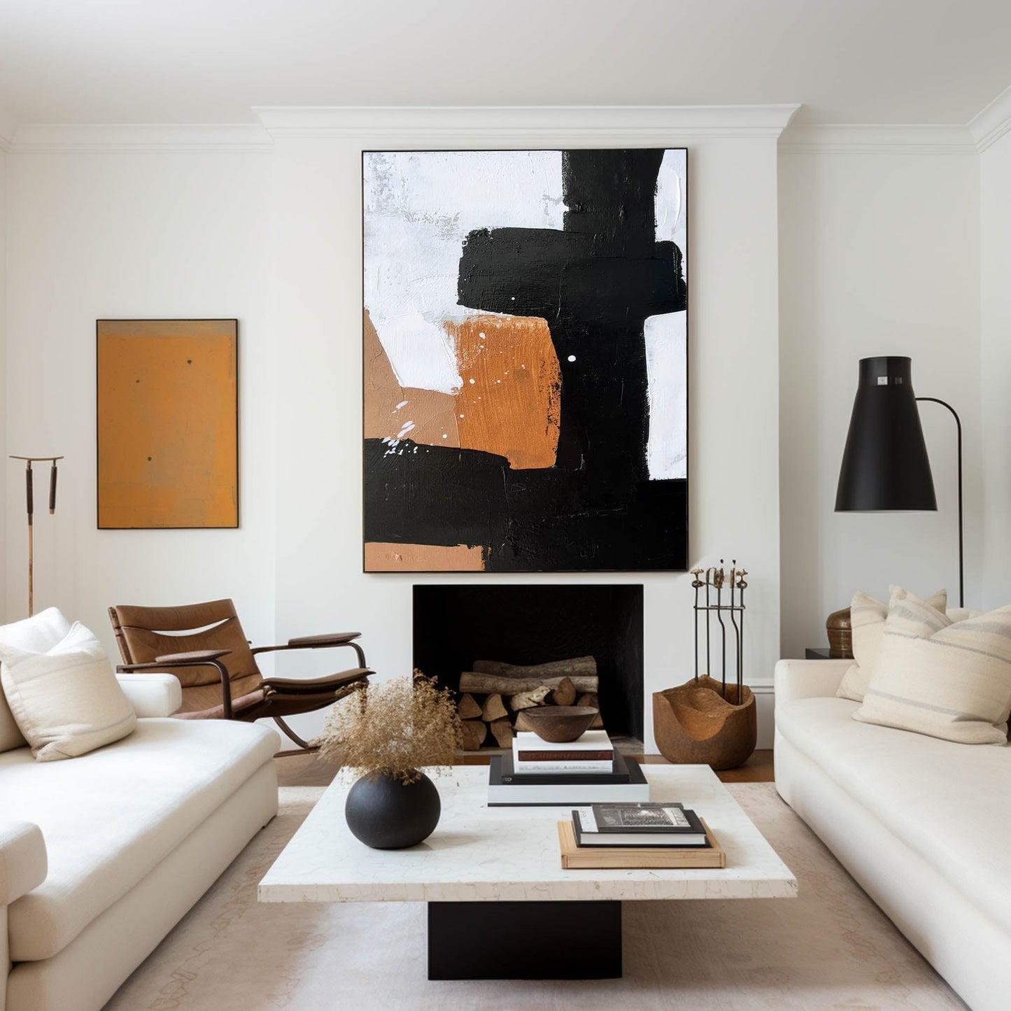 Modern Minimalist Abstract Oil Painting in Black, White, and Copper Tones
